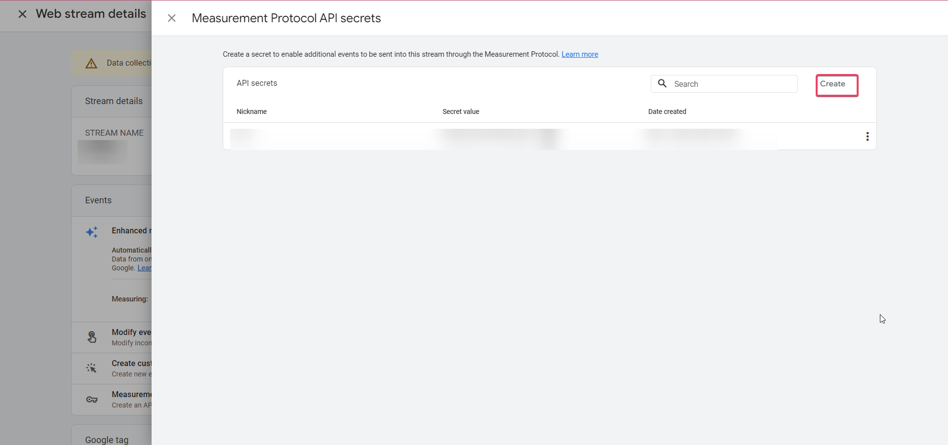 Pulsante 'Crea' per un nuovo secret API.