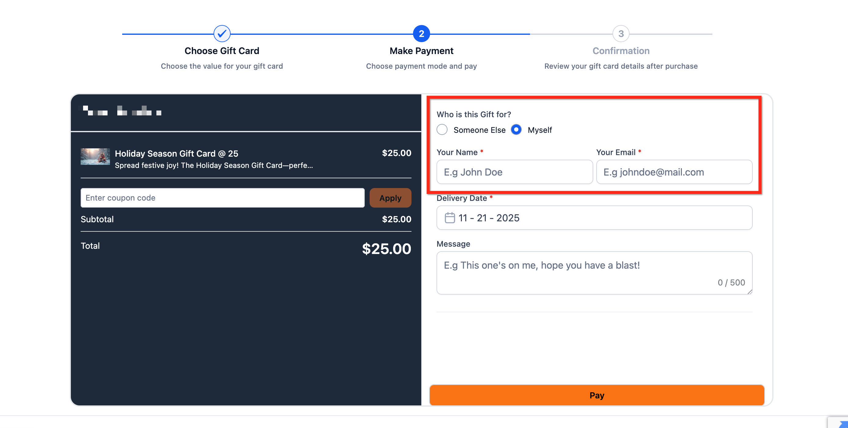 Campi del checkout per acquistare una gift card per sé stessi.