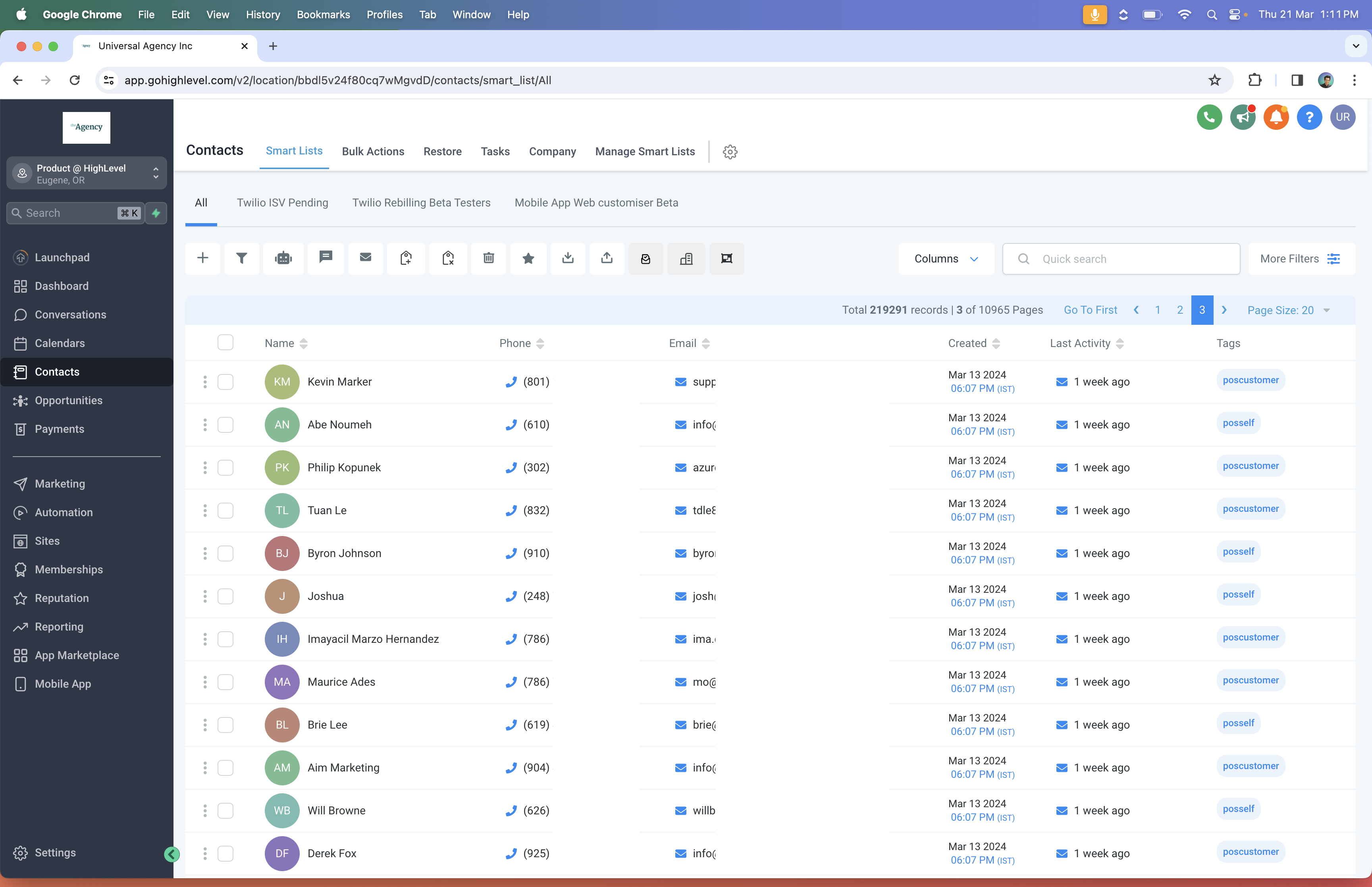 Pagina Contatti in Futuria CRM