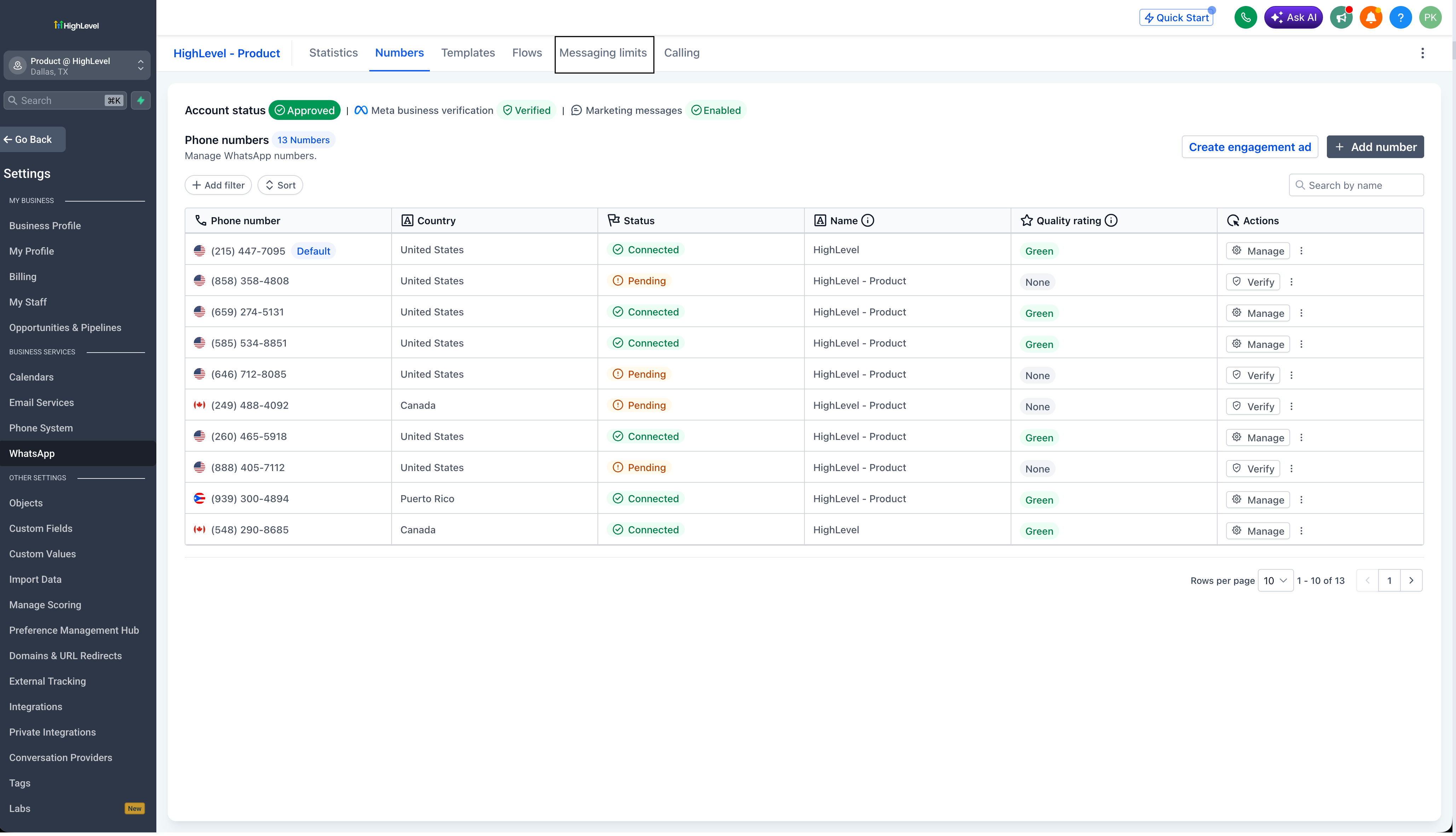 Schermata che mostra il nuovo pannello dei limiti di messaggistica di WhatsApp in Futuria CRM.