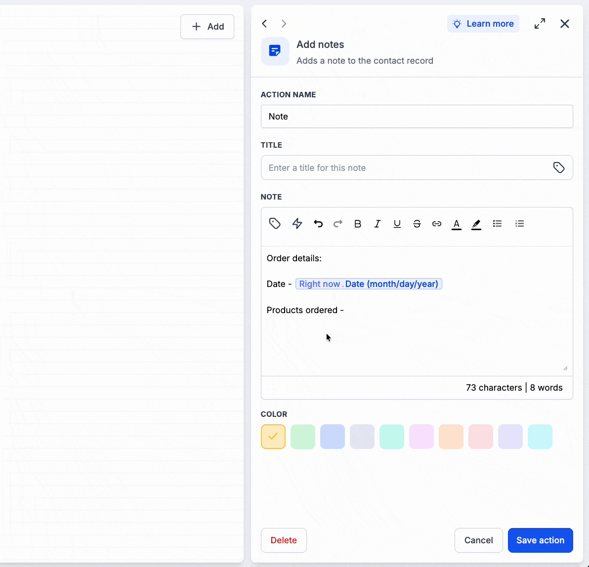Animazione GIF che mostra il processo di selezione di una lista, la scelta di un campo e di un formato, e l'inserimento del valore formattato in un campo di testo del workflow.
