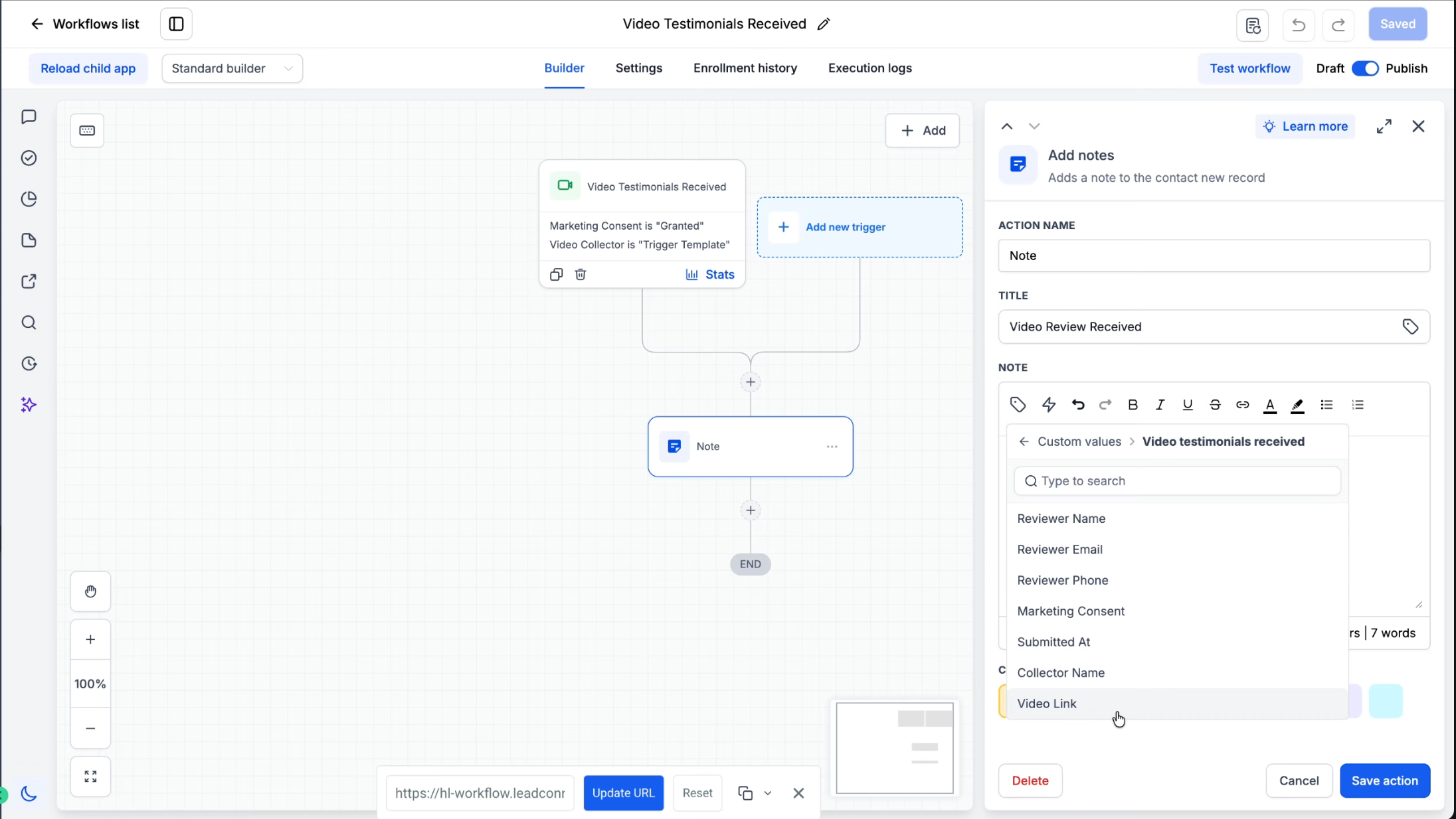 Esempio di utilizzo dei valori personalizzati di una video testimonianza in un'azione workflow.