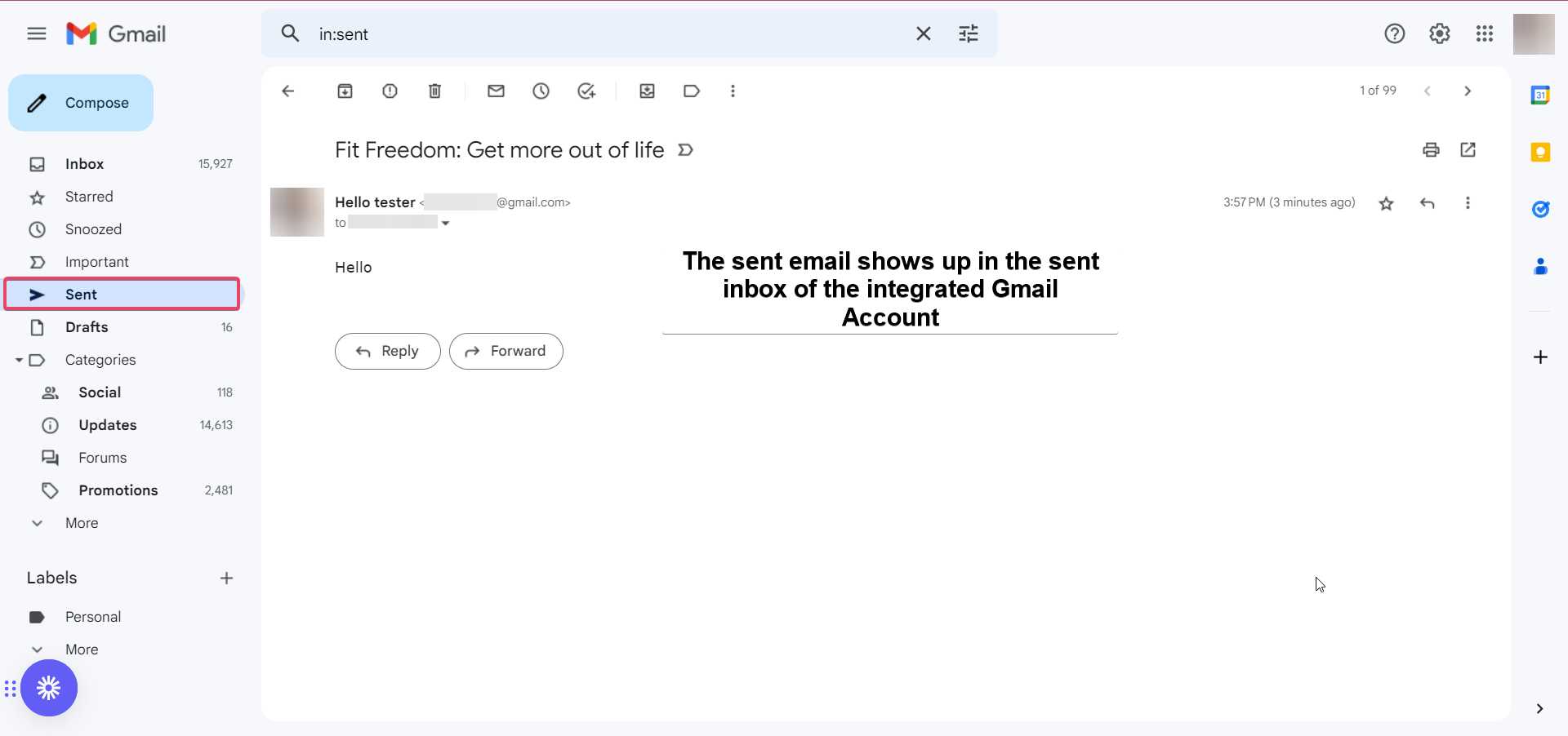 Email inviata visibile nella posta inviata di Gmail.