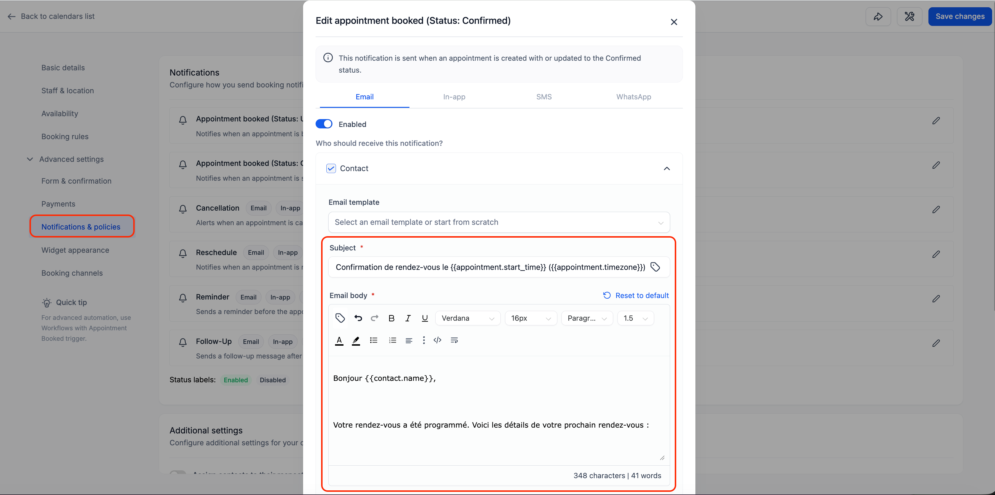 Modello di notifica per calendario in spagnolo con opzione di ripristino su Futuria CRM.
