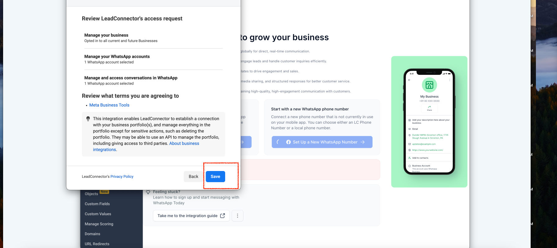 Pulsante 'Salva' per applicare le impostazioni di configurazione di WhatsApp.