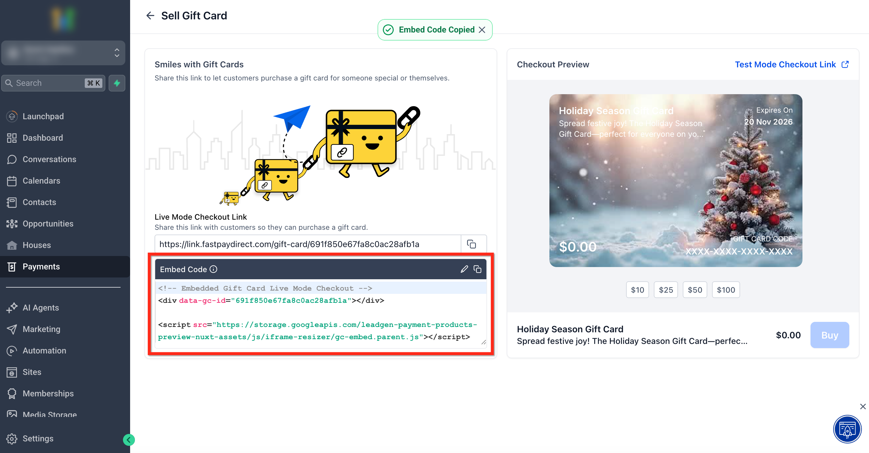Opzione per copiare il codice di incorporamento del checkout della gift card.