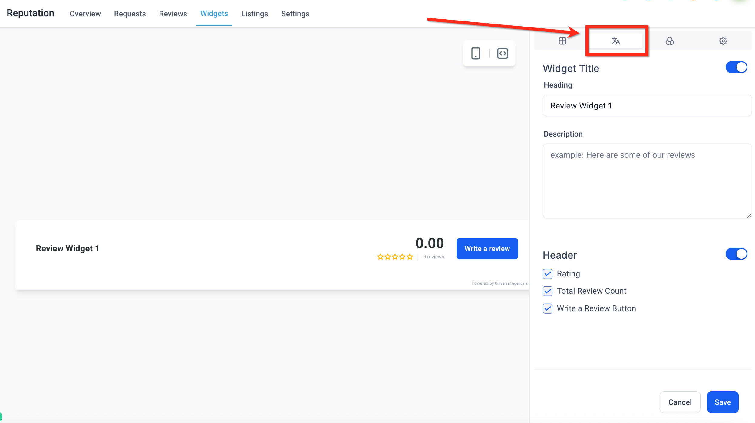 Scheda Contenuto per la personalizzazione di titolo e descrizione del widget.
