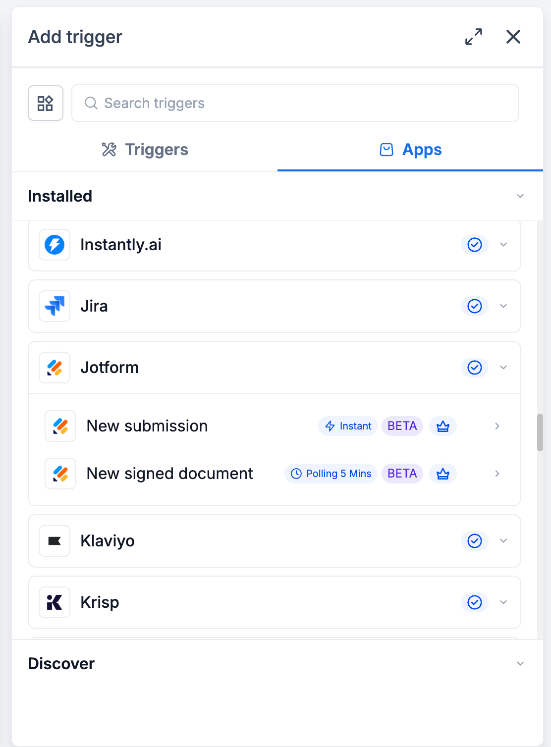Schermata dei trigger Jotform disponibili nel costruttore di workflow di Futuria CRM.
