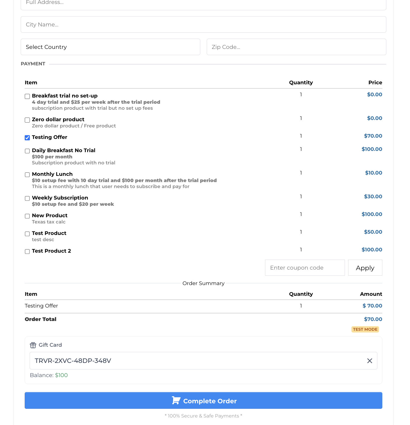 Checkout in cui il saldo della gift card copre l'intero importo.