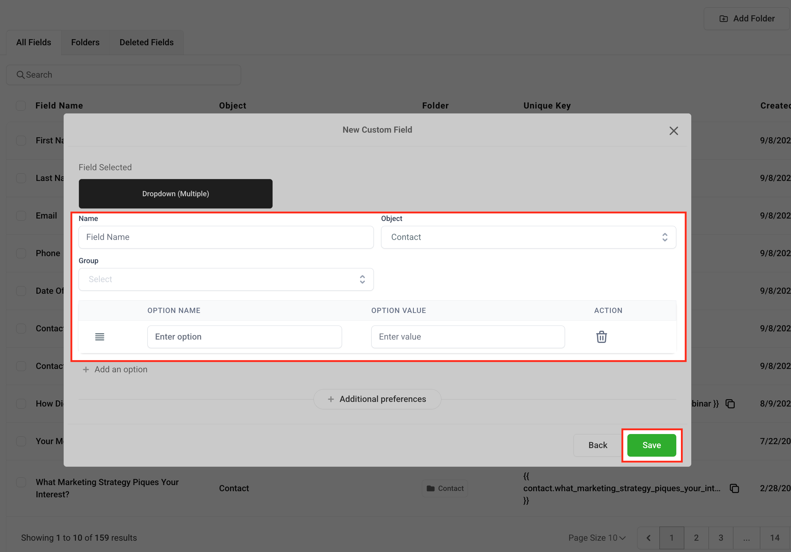 Modulo per la configurazione di un nuovo campo personalizzato con nome, gruppo e testo segnaposto.