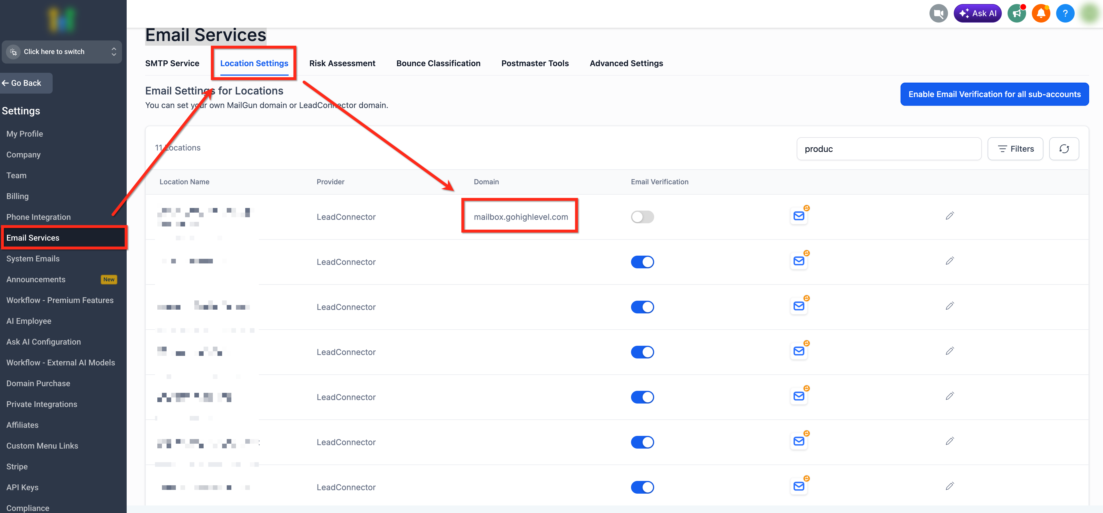 Schermata delle impostazioni dei servizi email in Futuria CRM per individuare il dominio di tracciamento.