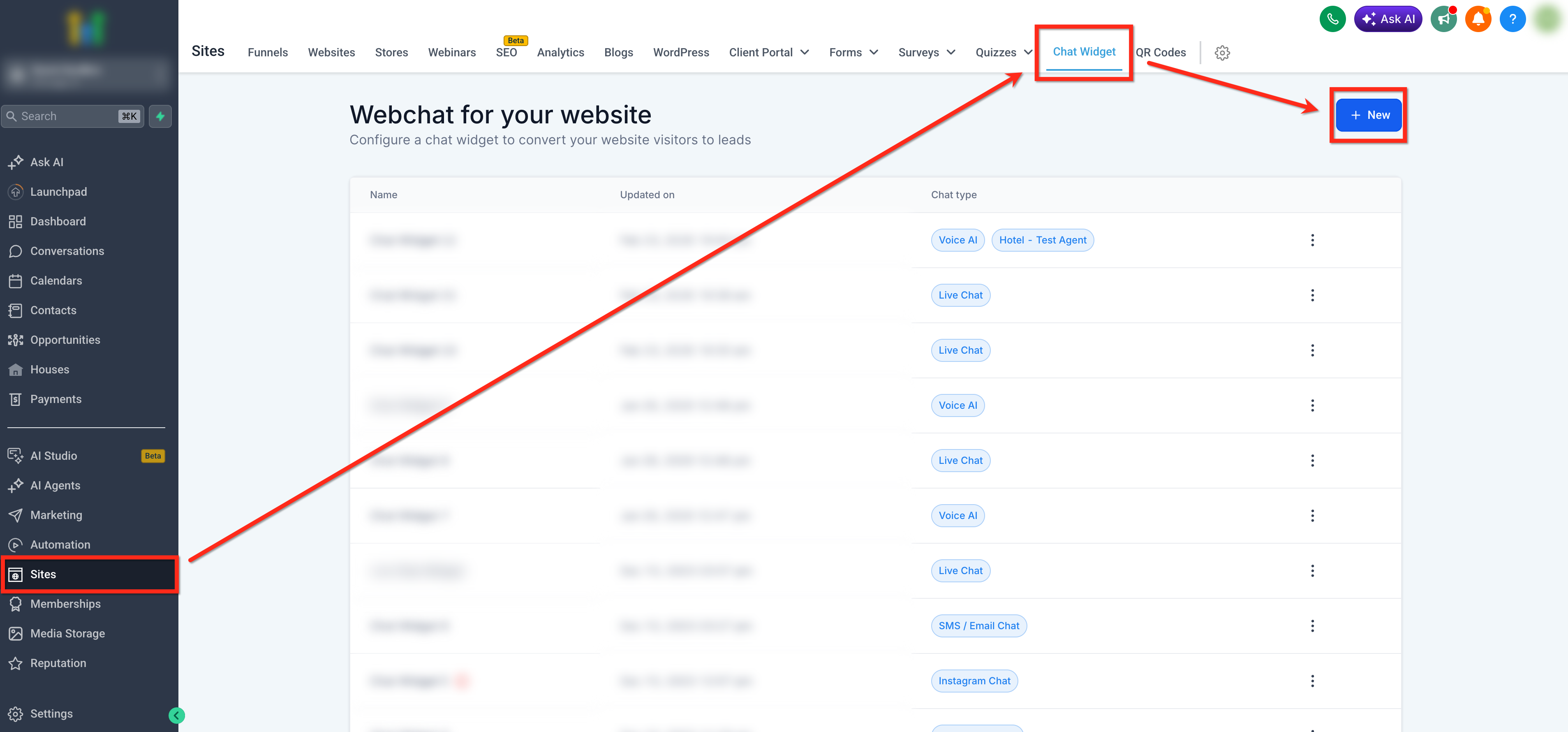 Creazione di un nuovo widget di chat in Futuria CRM.
