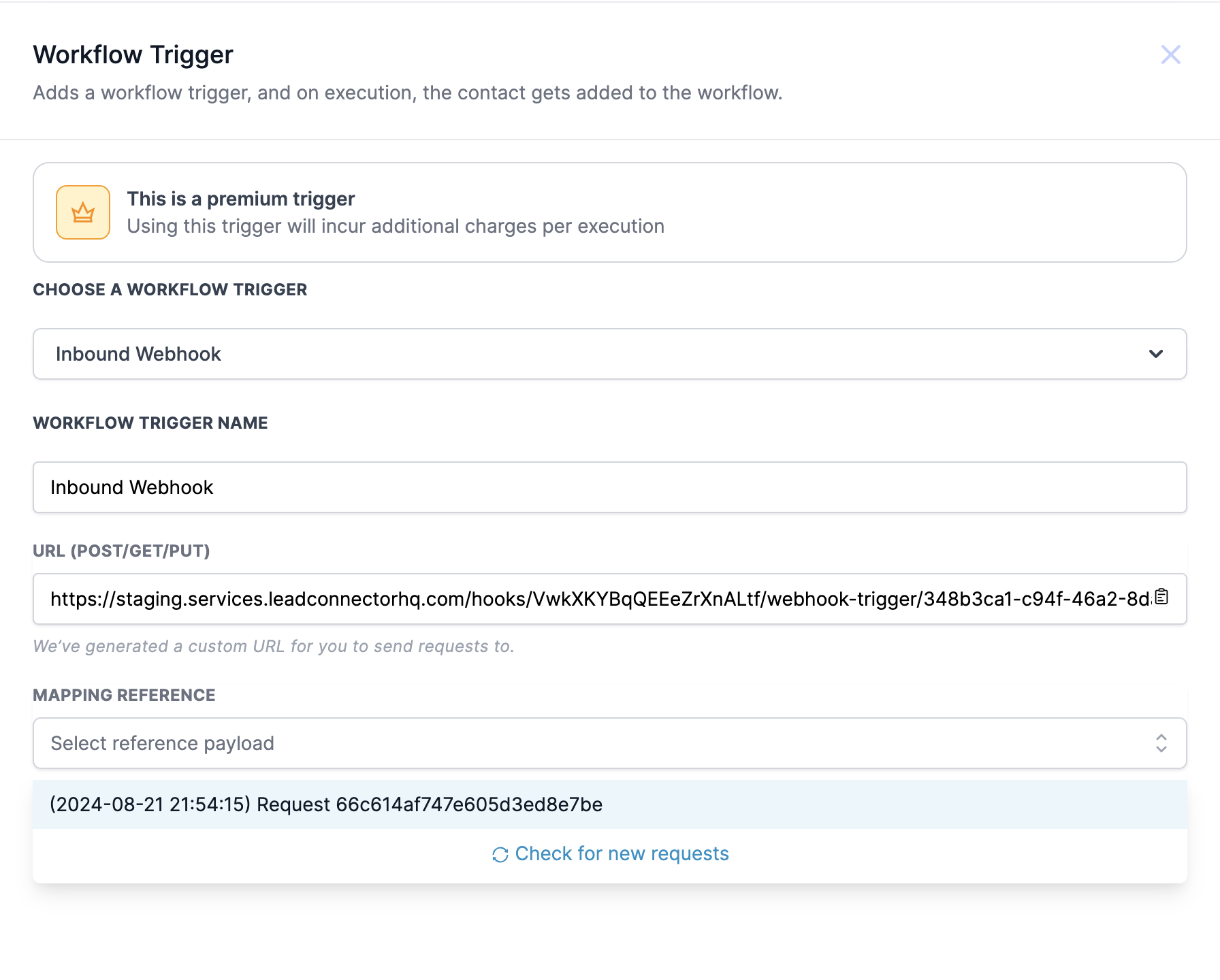 Esempio di URL webhook generato per un'automazione in Futuria CRM.