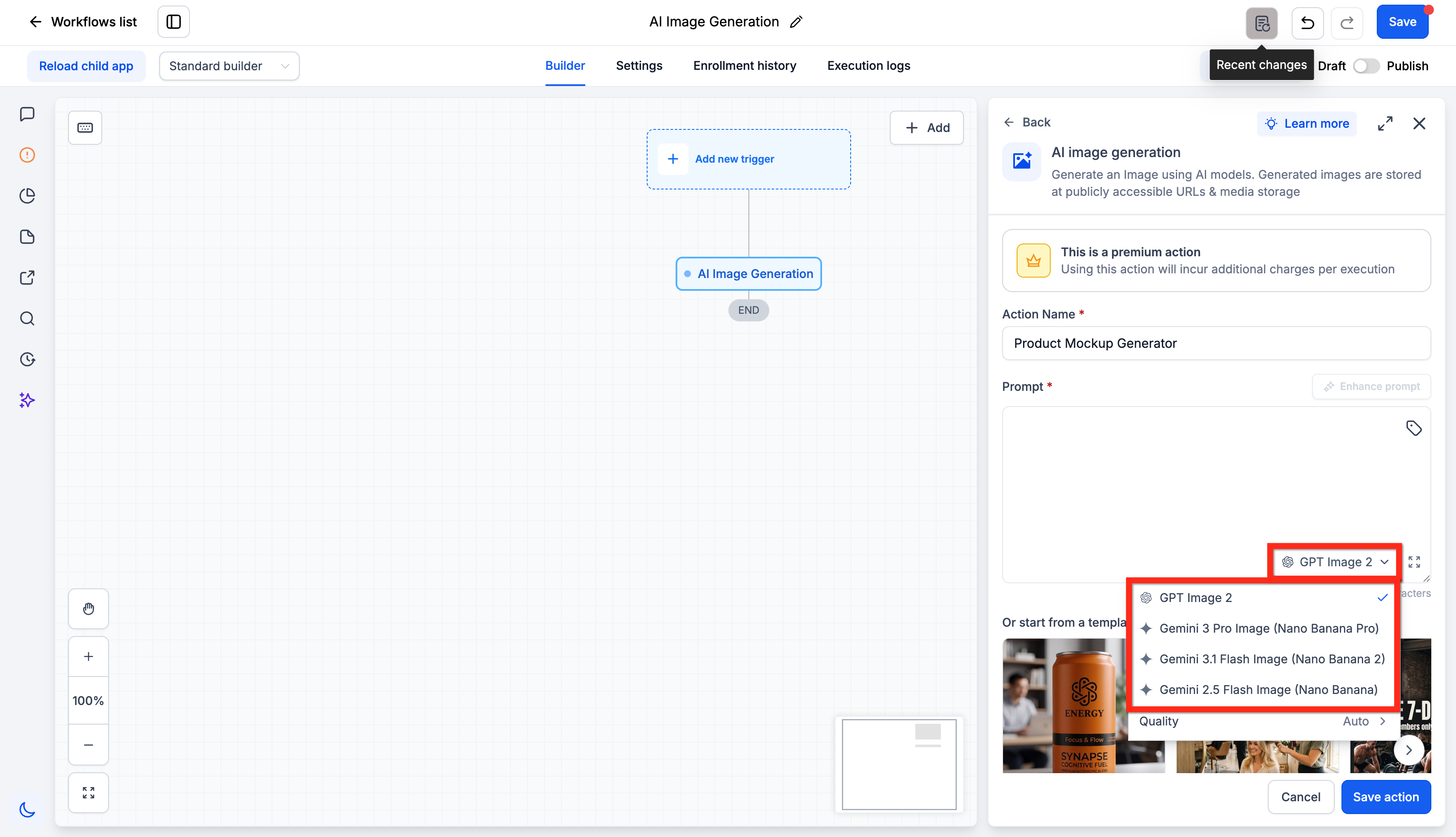 Schermata dell'azione Generazione Immagini AI nel workflow builder di Futuria CRM.