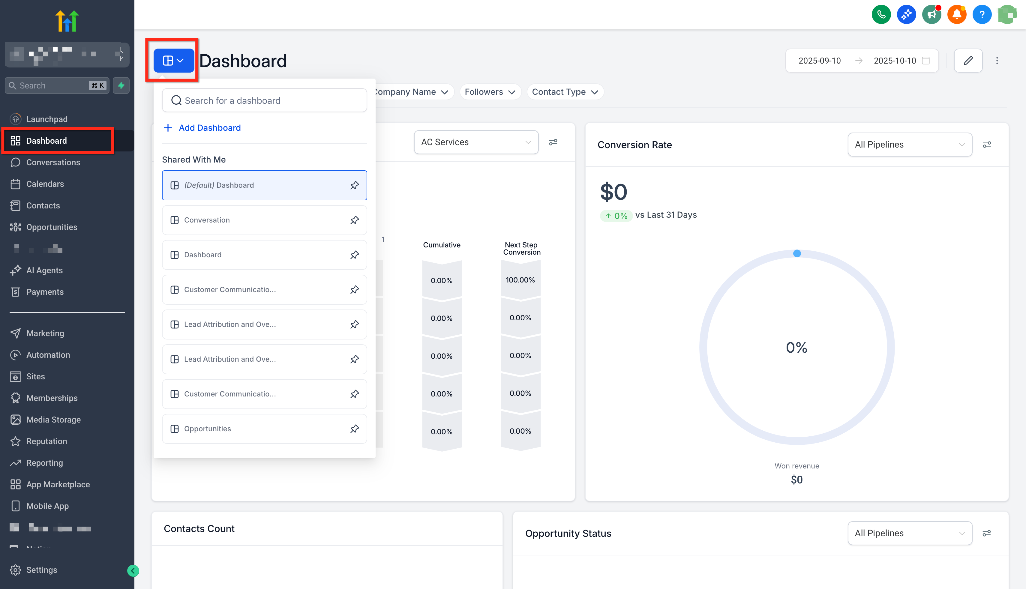 Selezione di una dashboard dall'elenco in Futuria CRM.