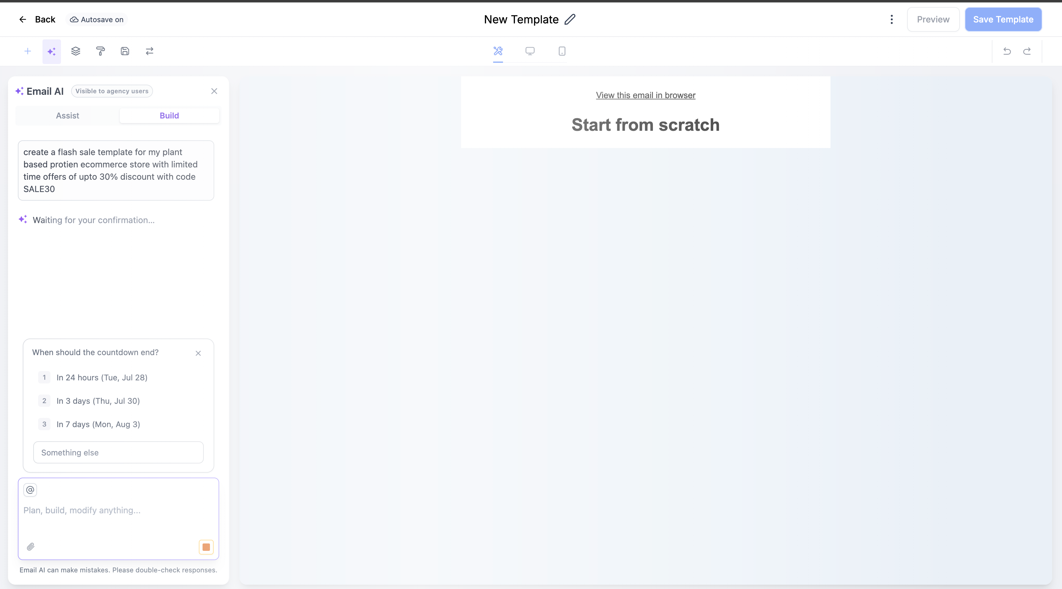 Interfaccia di configurazione di un nuovo timer di countdown nell'editor email di Futuria CRM.
