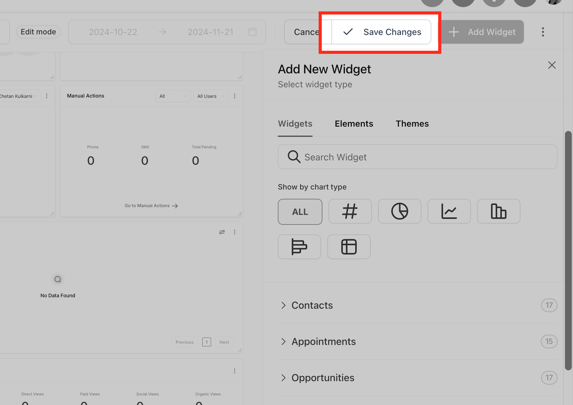 Pulsante per salvare il layout della dashboard dopo aver modificato i widget.
