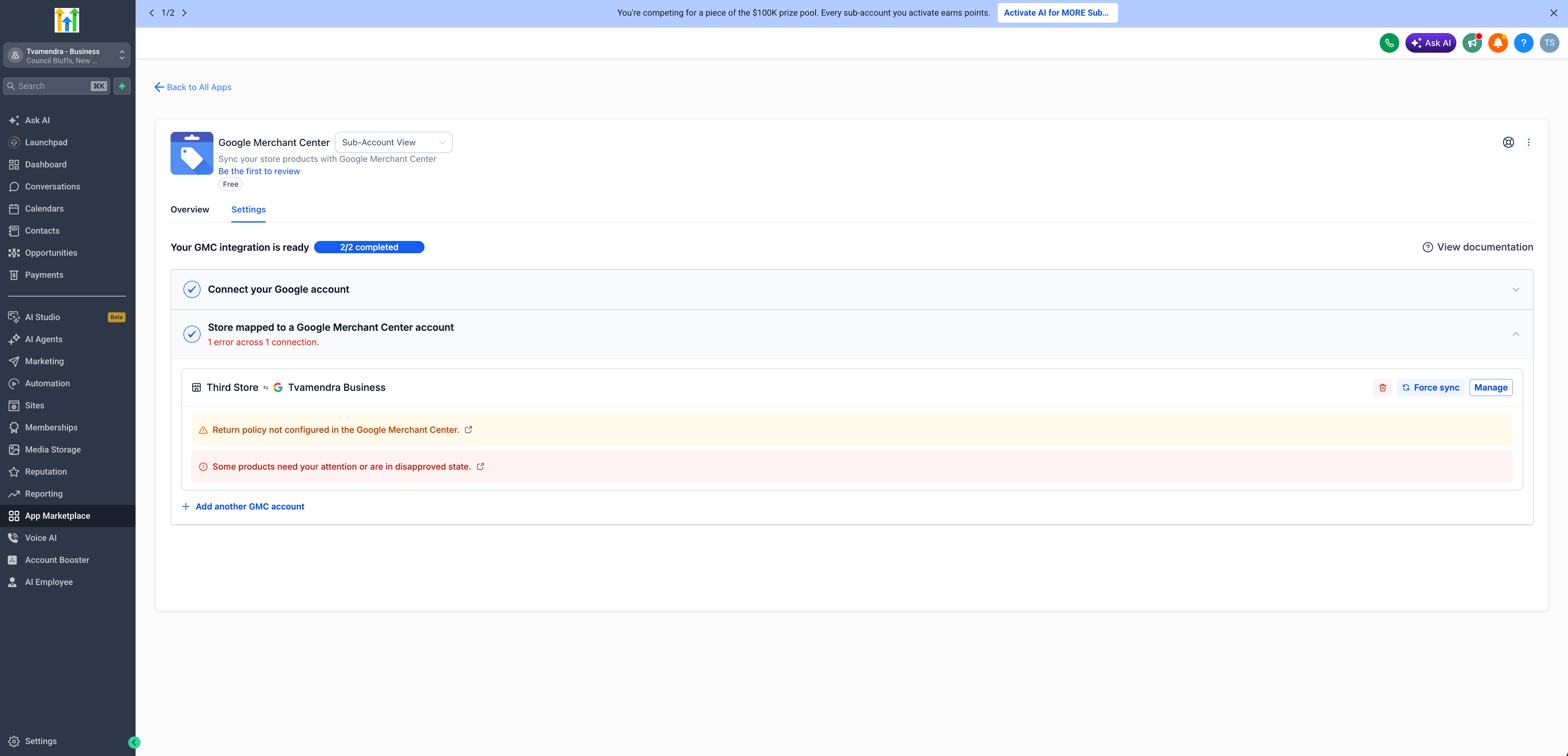 Selezione del negozio e-commerce da sincronizzare con Google Merchant Center