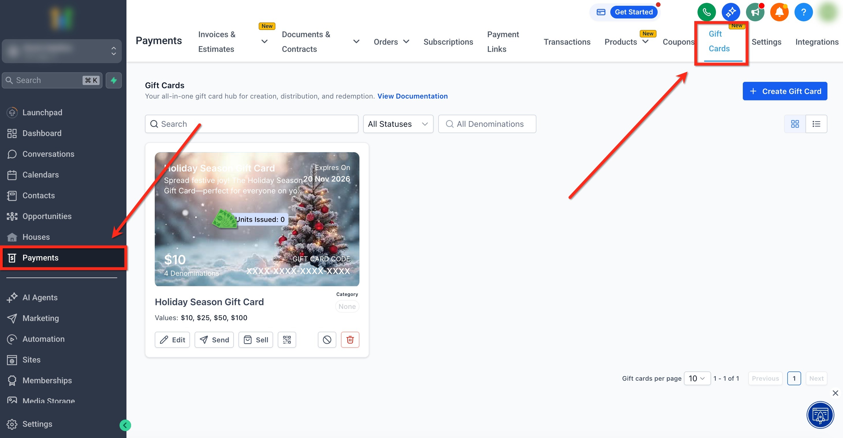 Navigazione alla sezione Gift Card nel menu Pagamenti di Futuria CRM.