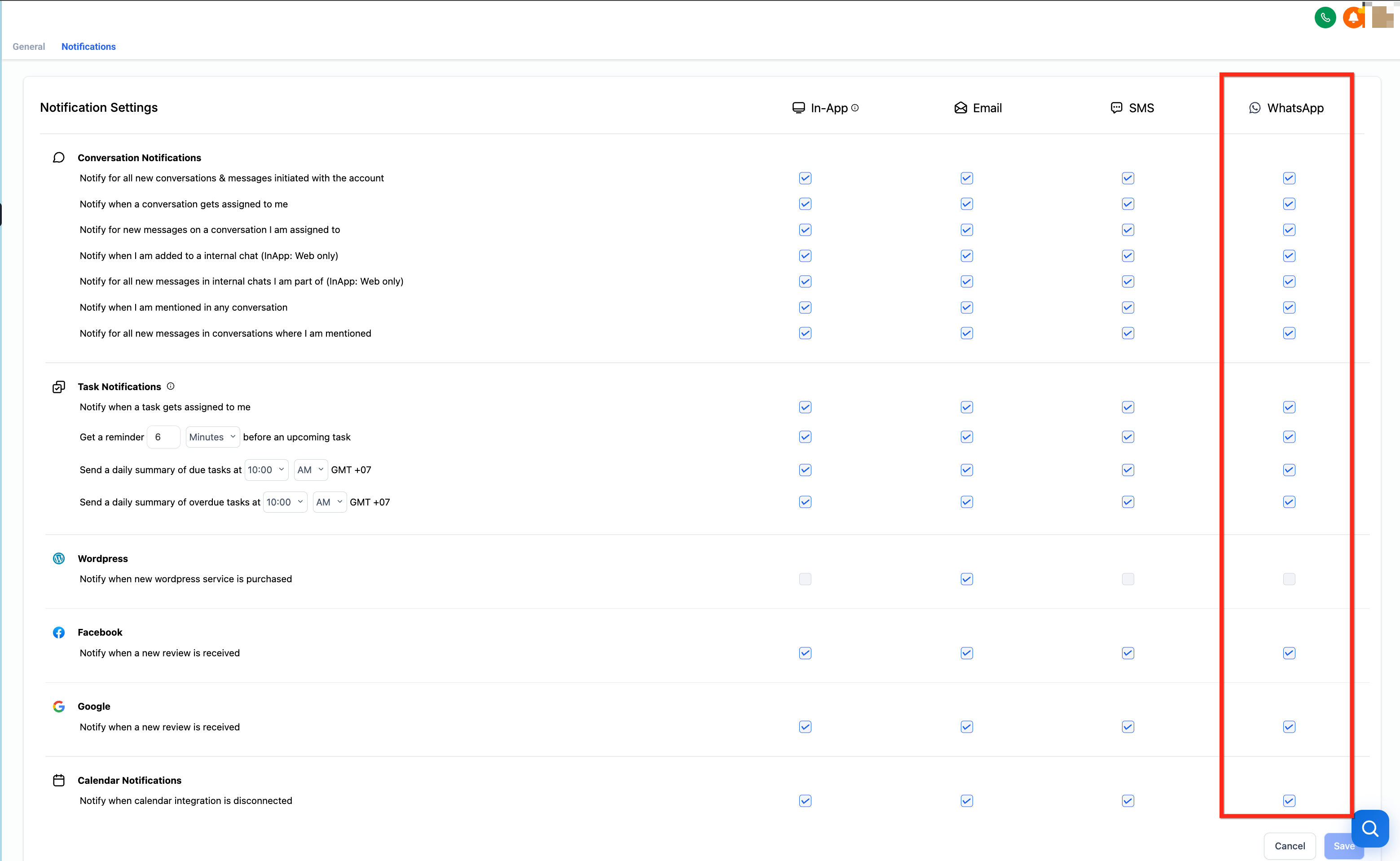 Dettaglio delle preferenze di notifica in Futuria CRM, che mostra le caselle di controllo per abilitare WhatsApp per diverse categorie di eventi.