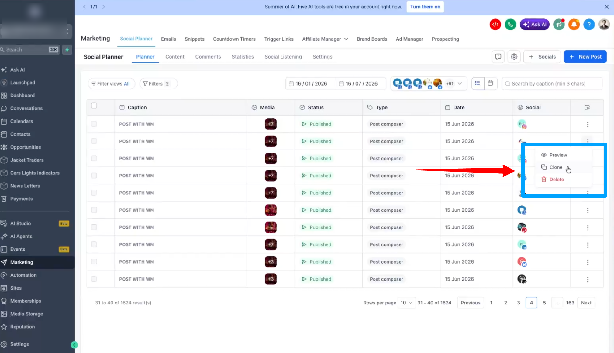 Menu di un post nel Social Planner di Futuria CRM con l'opzione 'Elimina' evidenziata.
