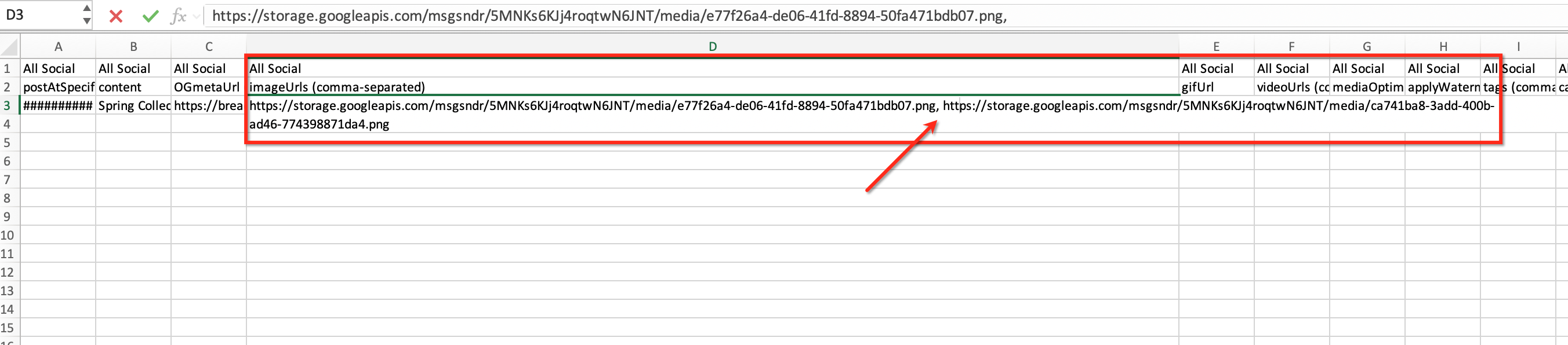 Esempio di come inserire più URL di immagini in un file CSV.