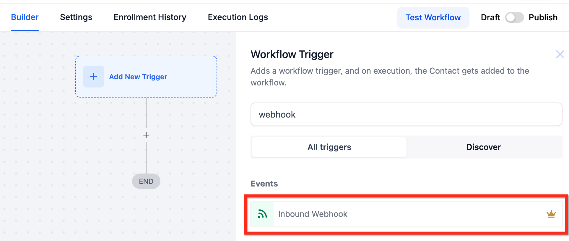 Schermata di configurazione del trigger Webhook in entrata in Futuria CRM.