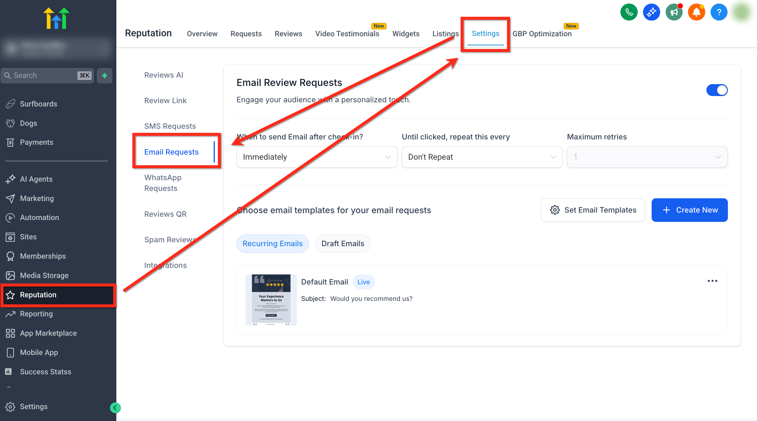 Pannello delle impostazioni per le richieste di recensione via email in Futuria CRM.
