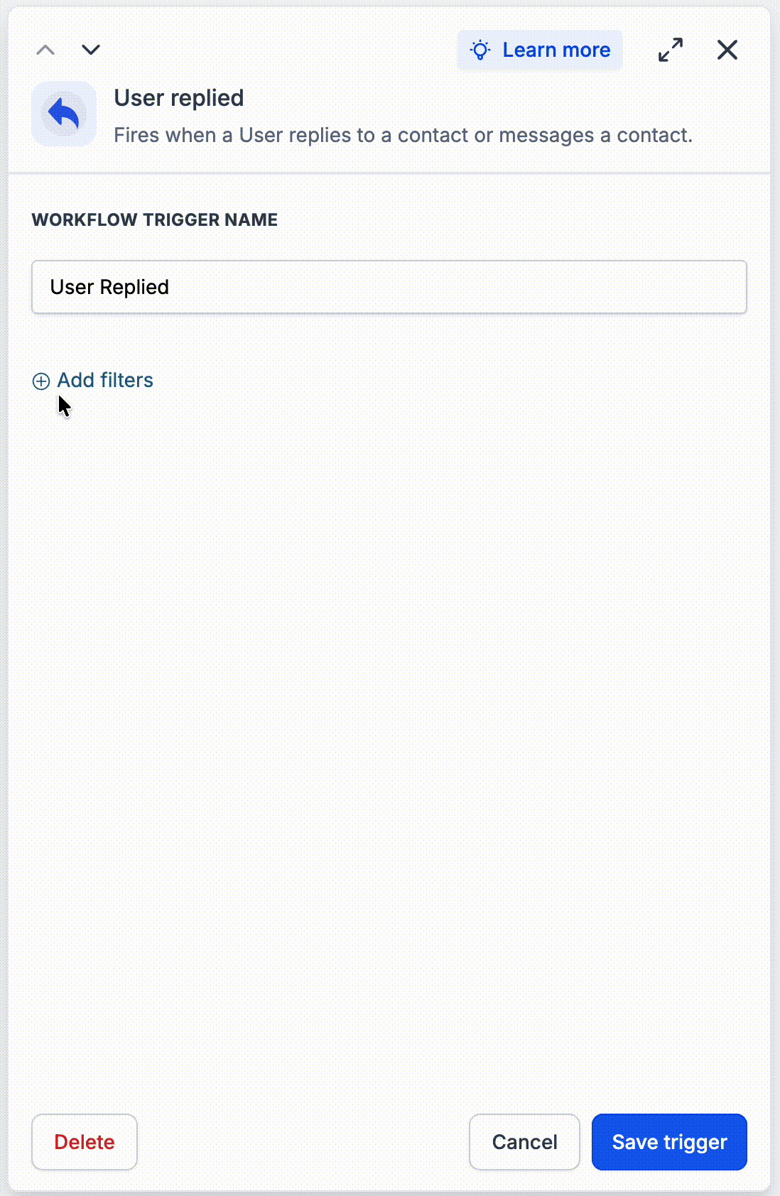 Configurazione dei filtri per il trigger 'Risposta utente' all'interno di un workflow.