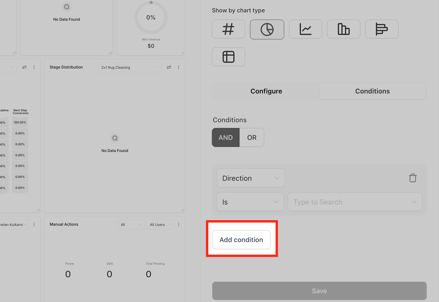 Aggiunta di una nuova condizione di filtro a un widget della dashboard.