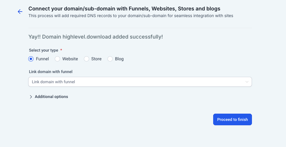 Selezione del tipo di sito (funnel, sito web, blog) a cui collegare il dominio.