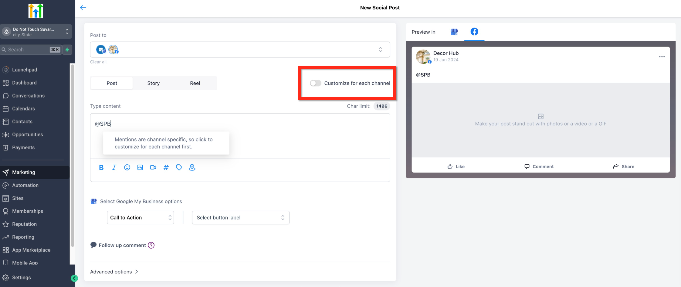 Selezione dei canali social e attivazione della personalizzazione per ogni canale.