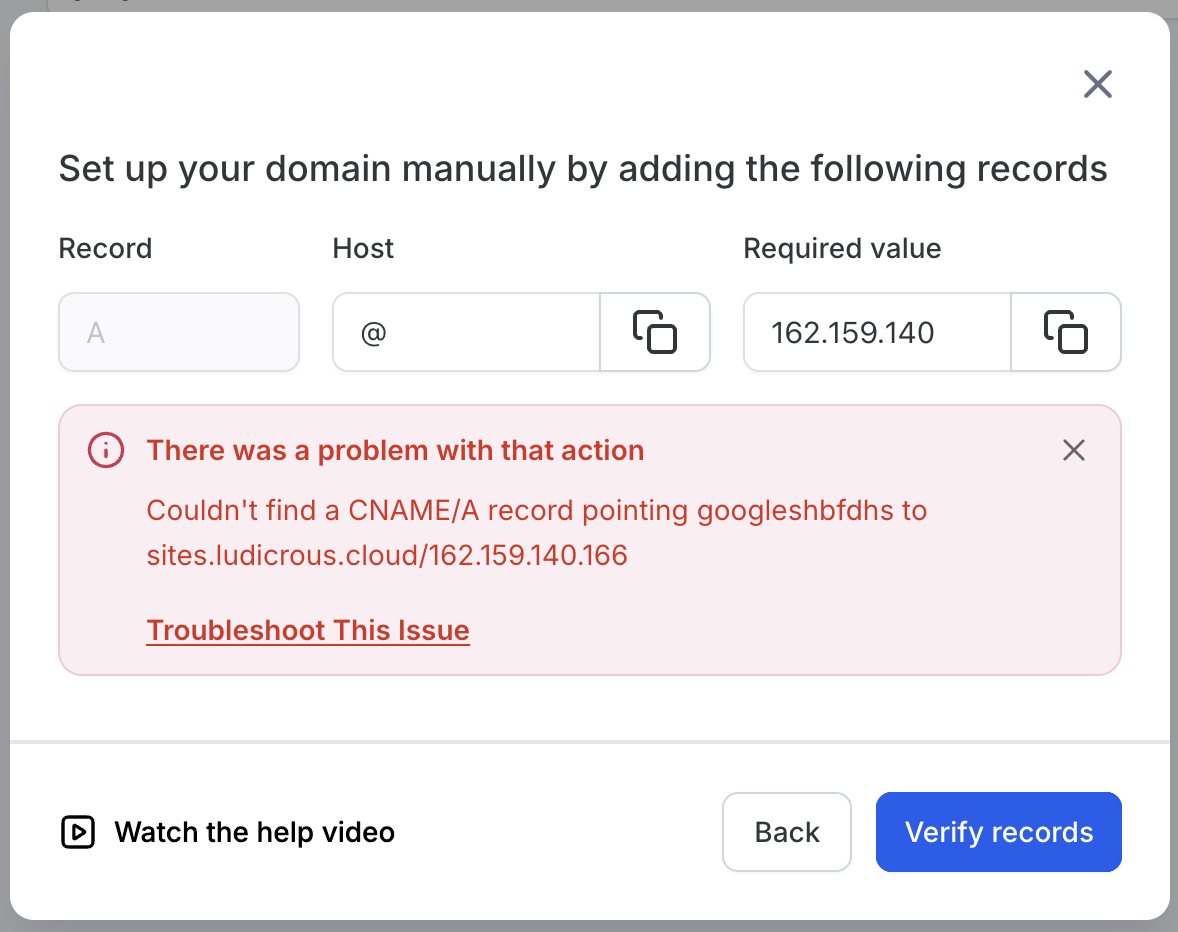 Esempio di errore per record DNS non corrispondenti.
