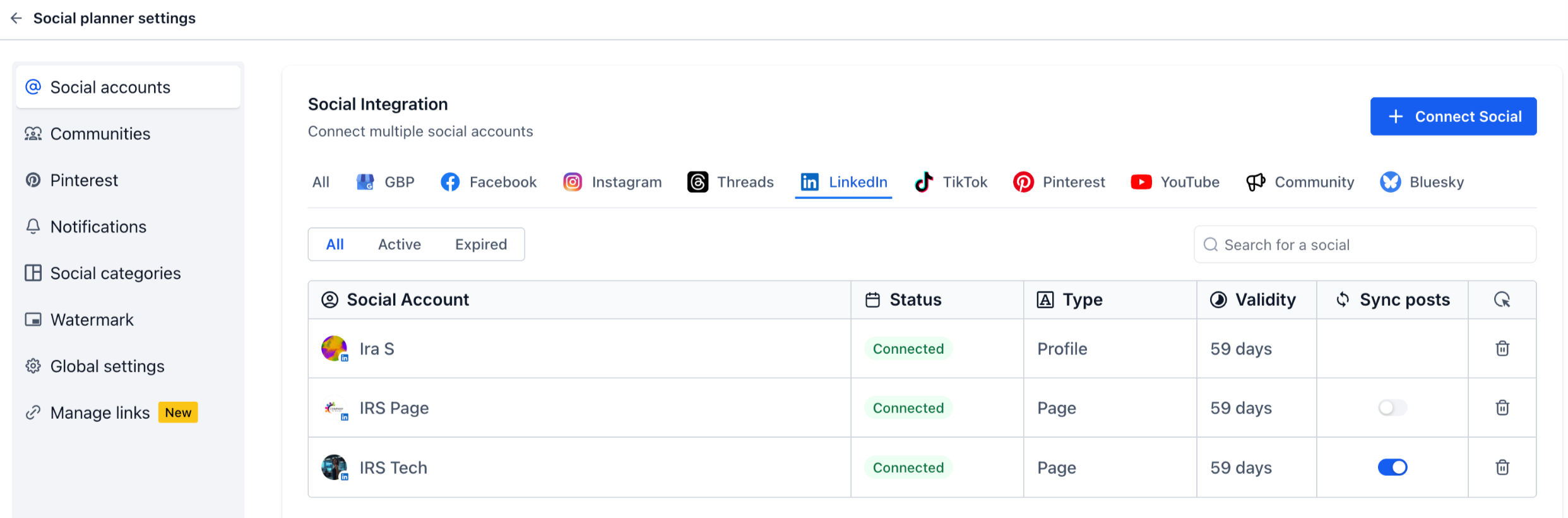 Schermata delle impostazioni del Social Planner dove è possibile abilitare la sincronizzazione dei post per LinkedIn e TikTok.
