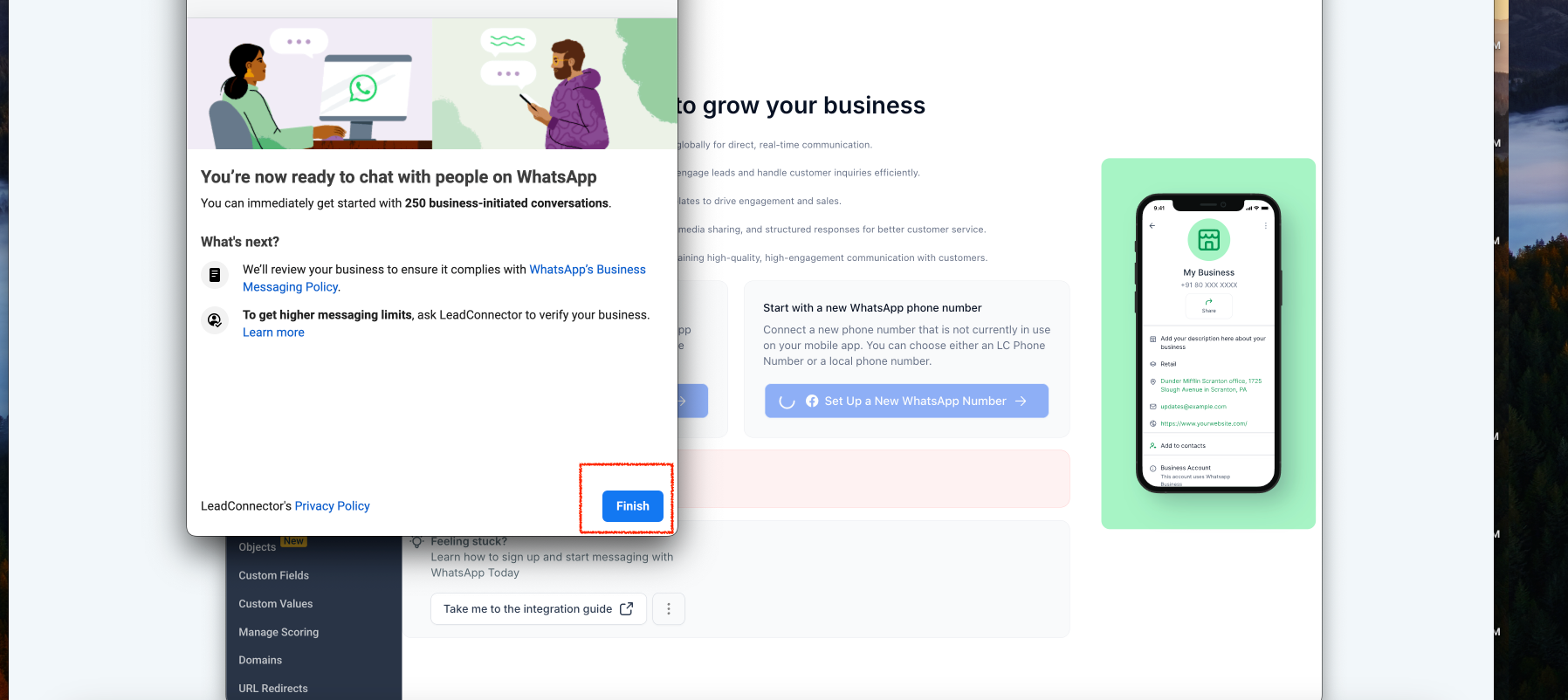 Schermata finale che conferma il completamento dell'integrazione di WhatsApp Business.