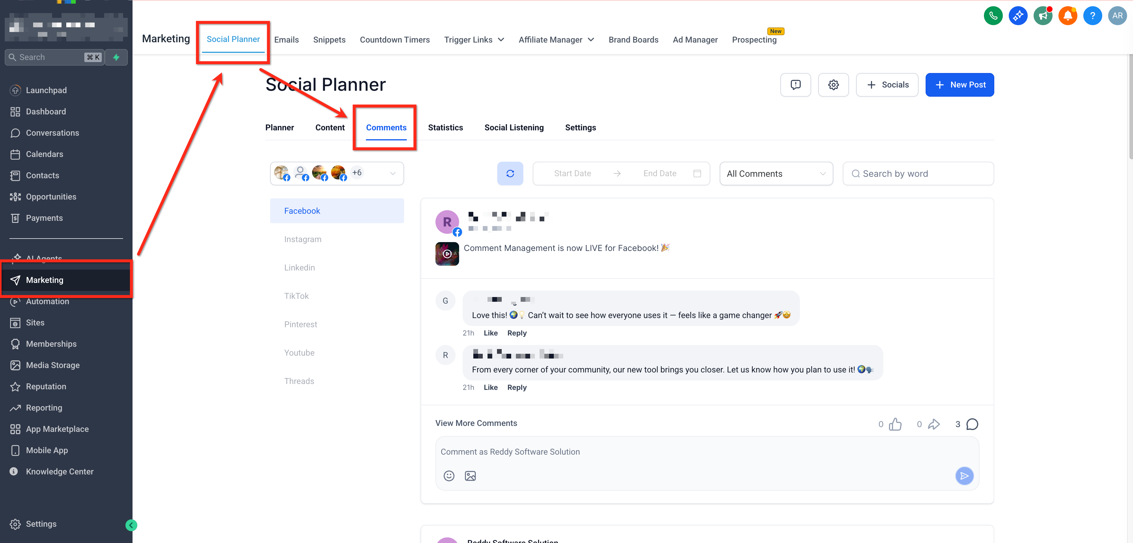 Schermata che mostra come accedere alla sezione Commenti nel Social Planner di Futuria CRM.