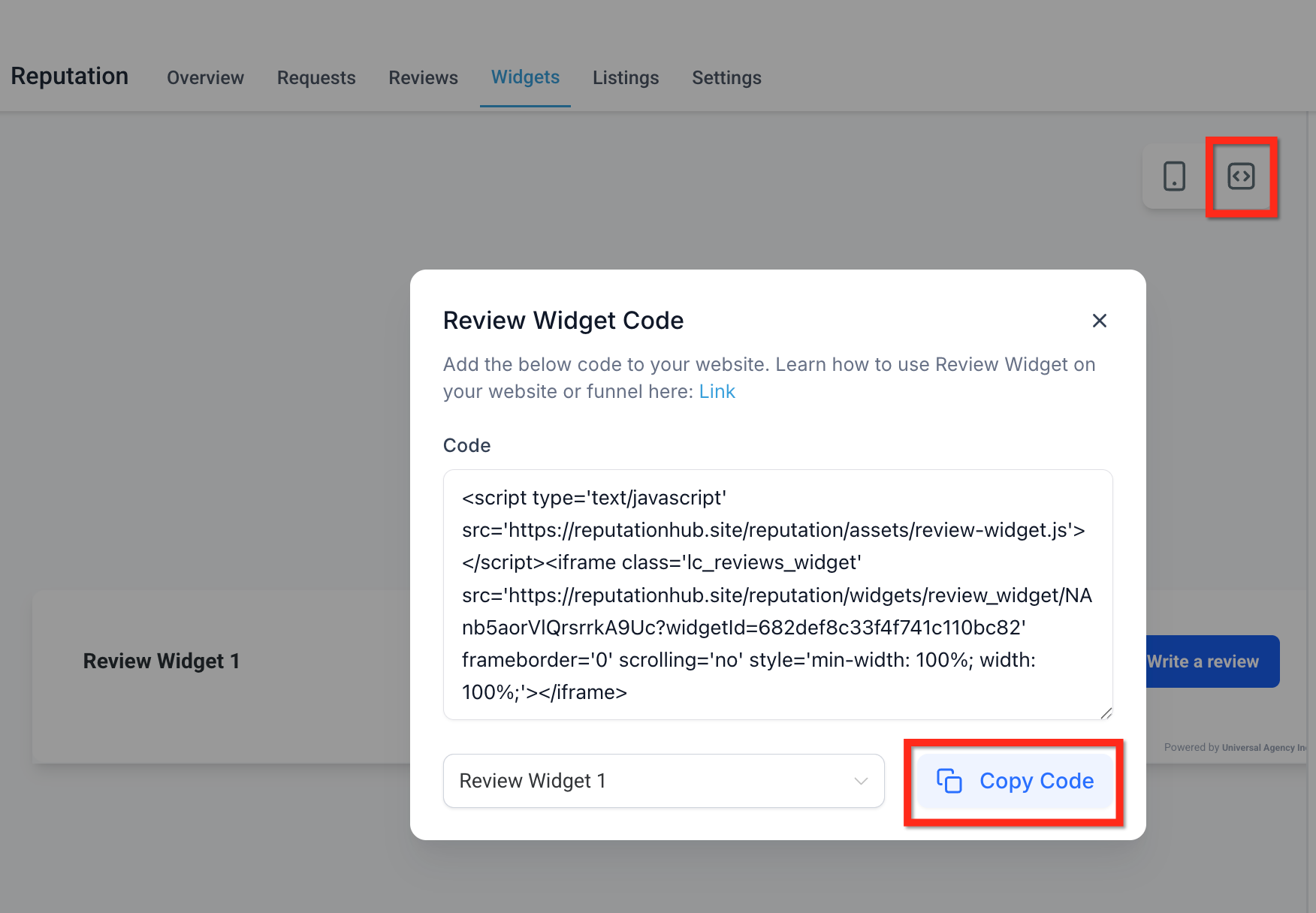 Salvataggio e ottenimento del codice di incorporamento del widget.