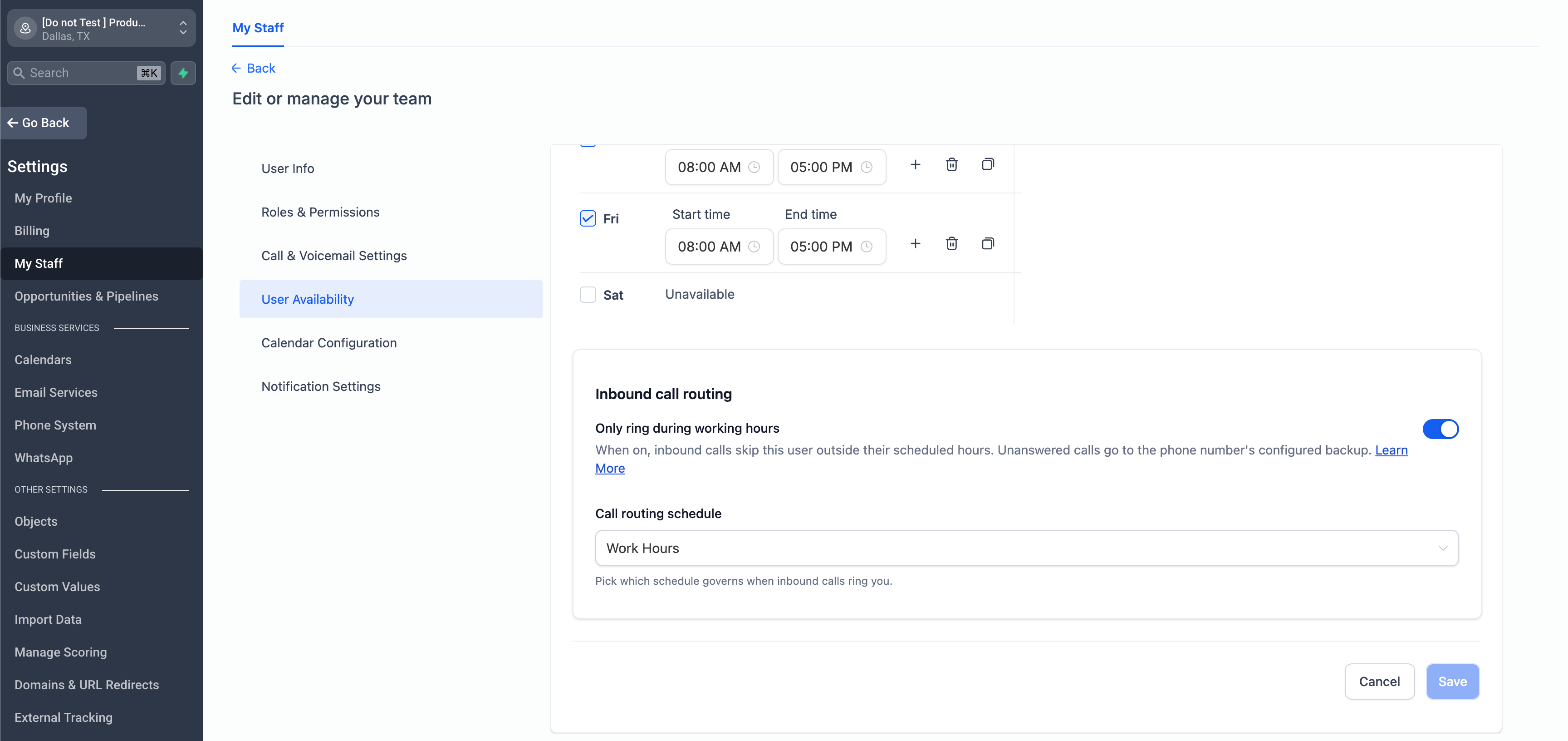 Gestione della disponibilità telefonica per un membro del team da parte di un amministratore in Futuria CRM.