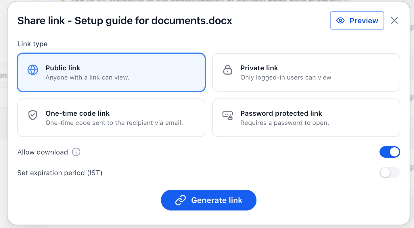 Menu per generare un link di condivisione privato per un documento esistente in Futuria CRM.