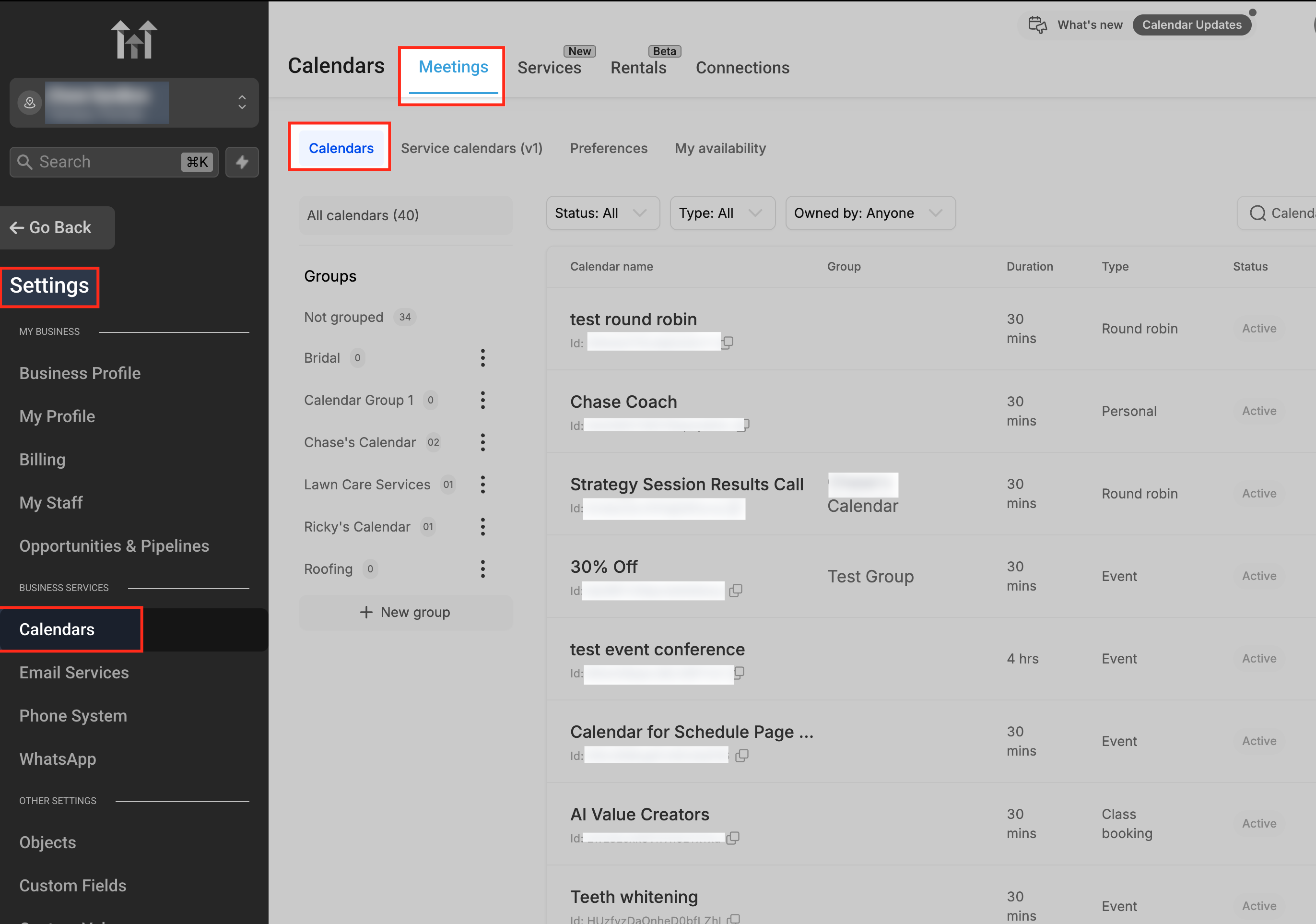Selezione di un calendario dalle impostazioni del calendario di Futuria CRM.