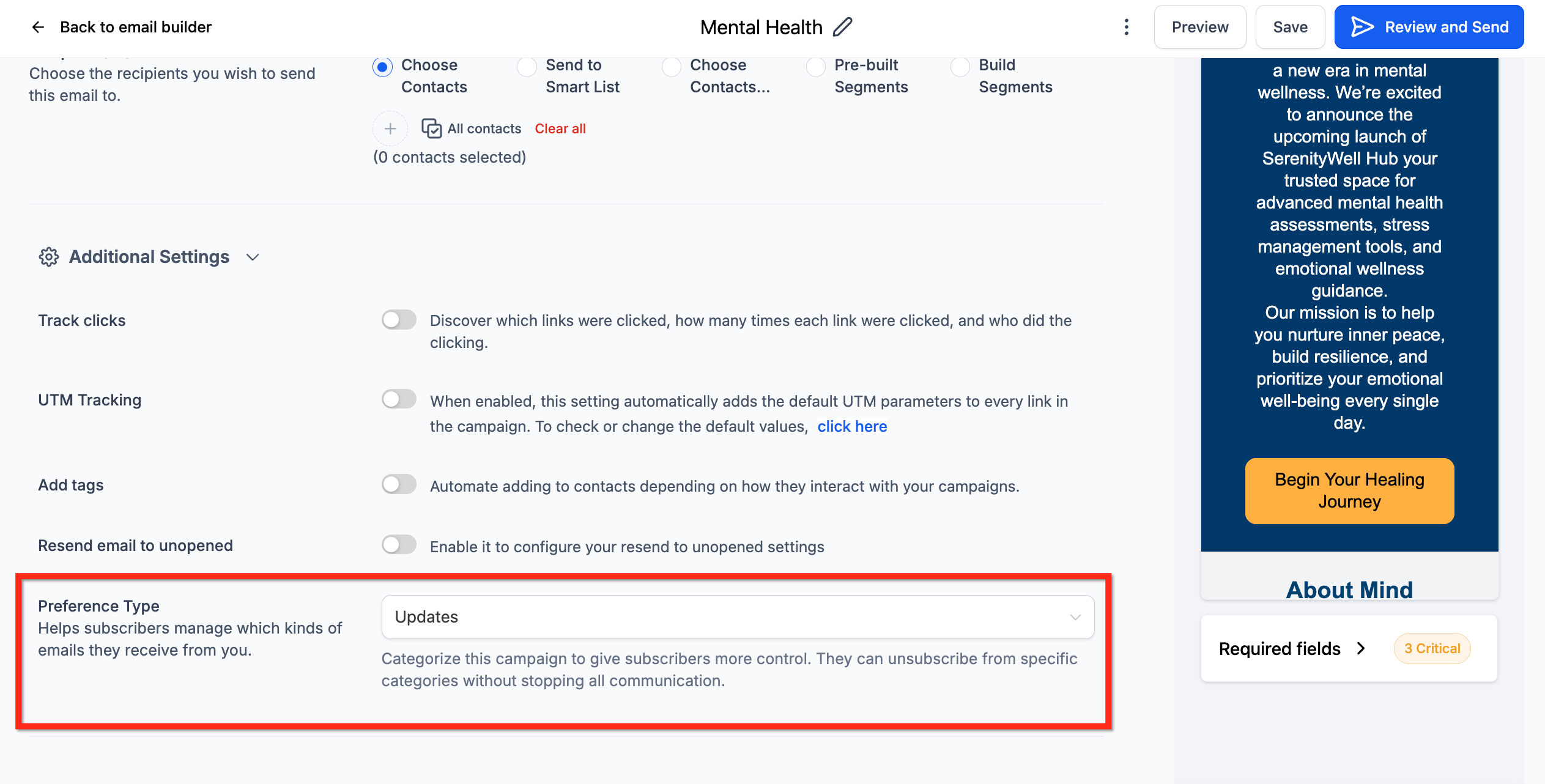 Menu a tendina per selezionare il tipo di preferenza in una campagna email.