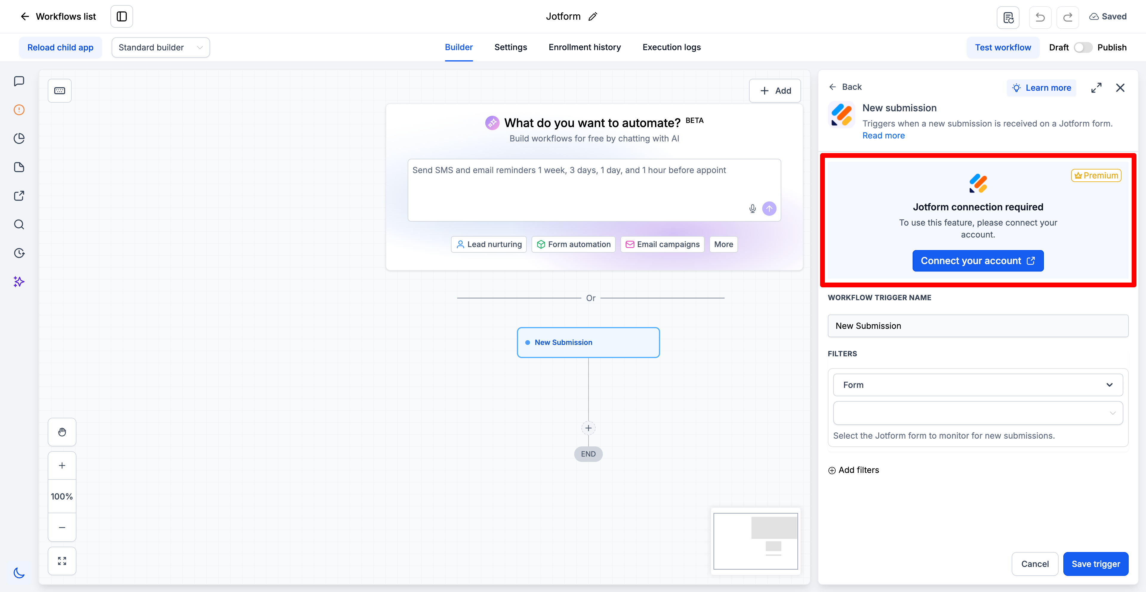 Finestra di dialogo per la connessione dell'account Jotform all'interno di Futuria CRM tramite chiave API.