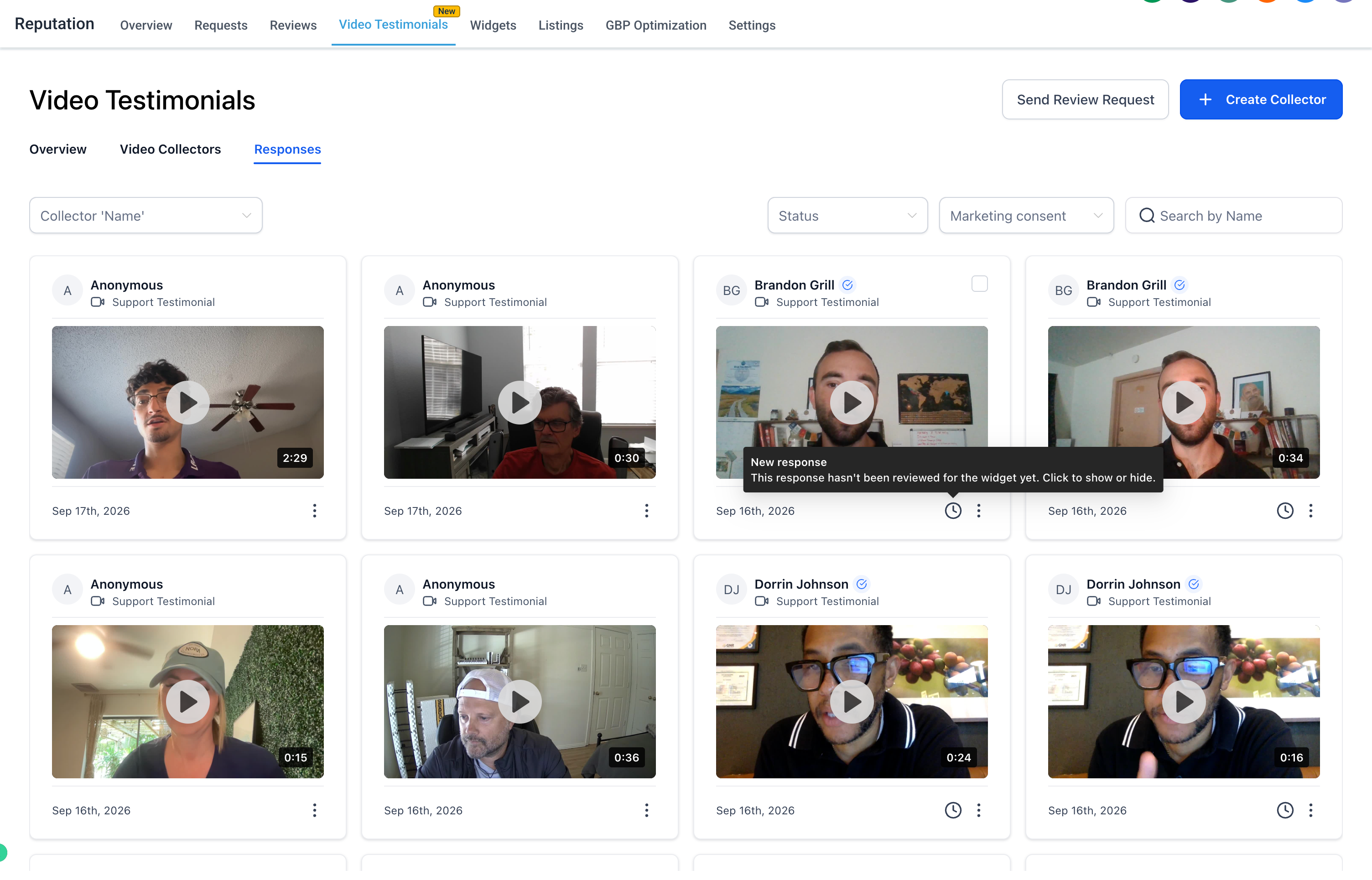 Vista della sezione Risposte per gestire la visibilità delle singole video testimonianze.