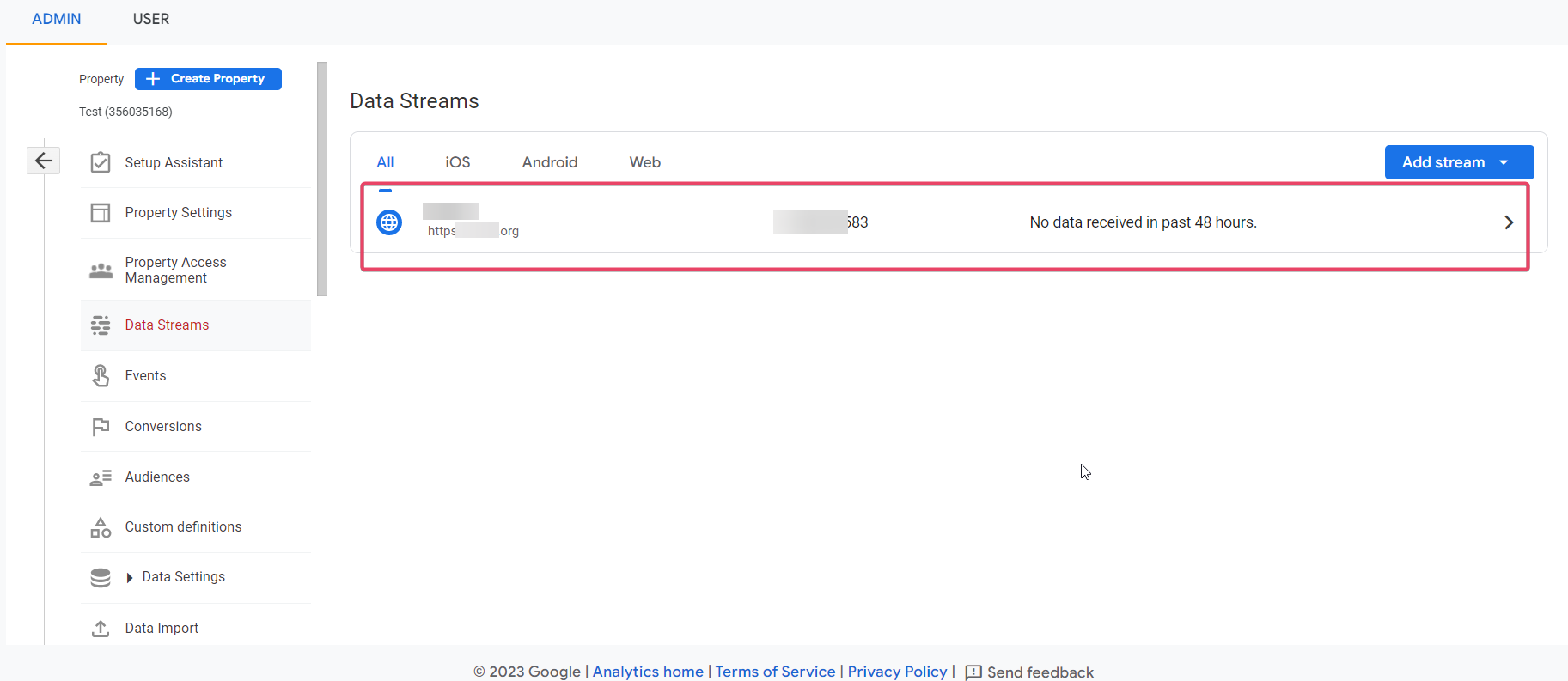 Schermata dei secret API del Measurement Protocol in Google Analytics.
