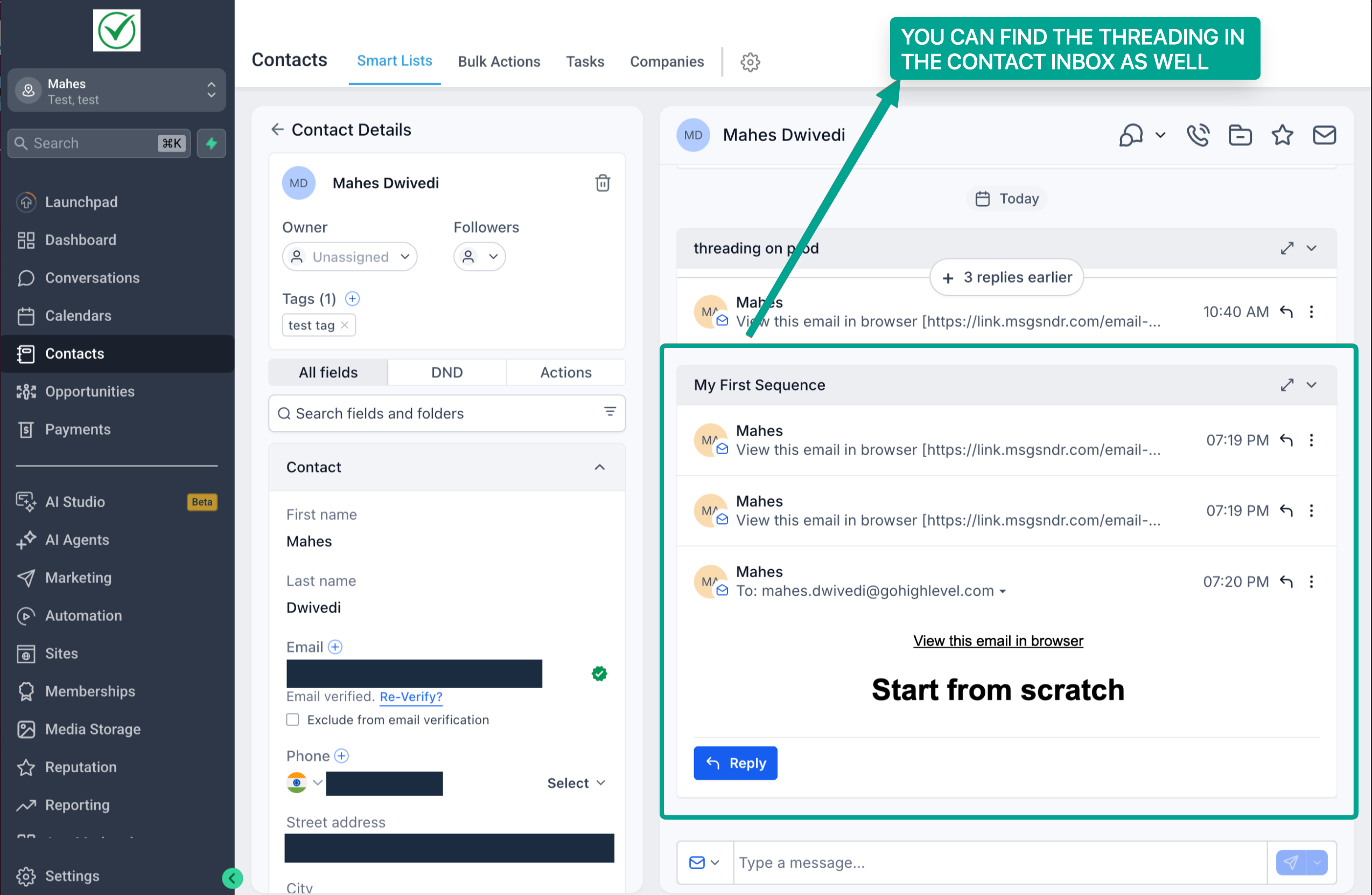 Dettaglio di una sequenza email visualizzata come conversazione unica.
