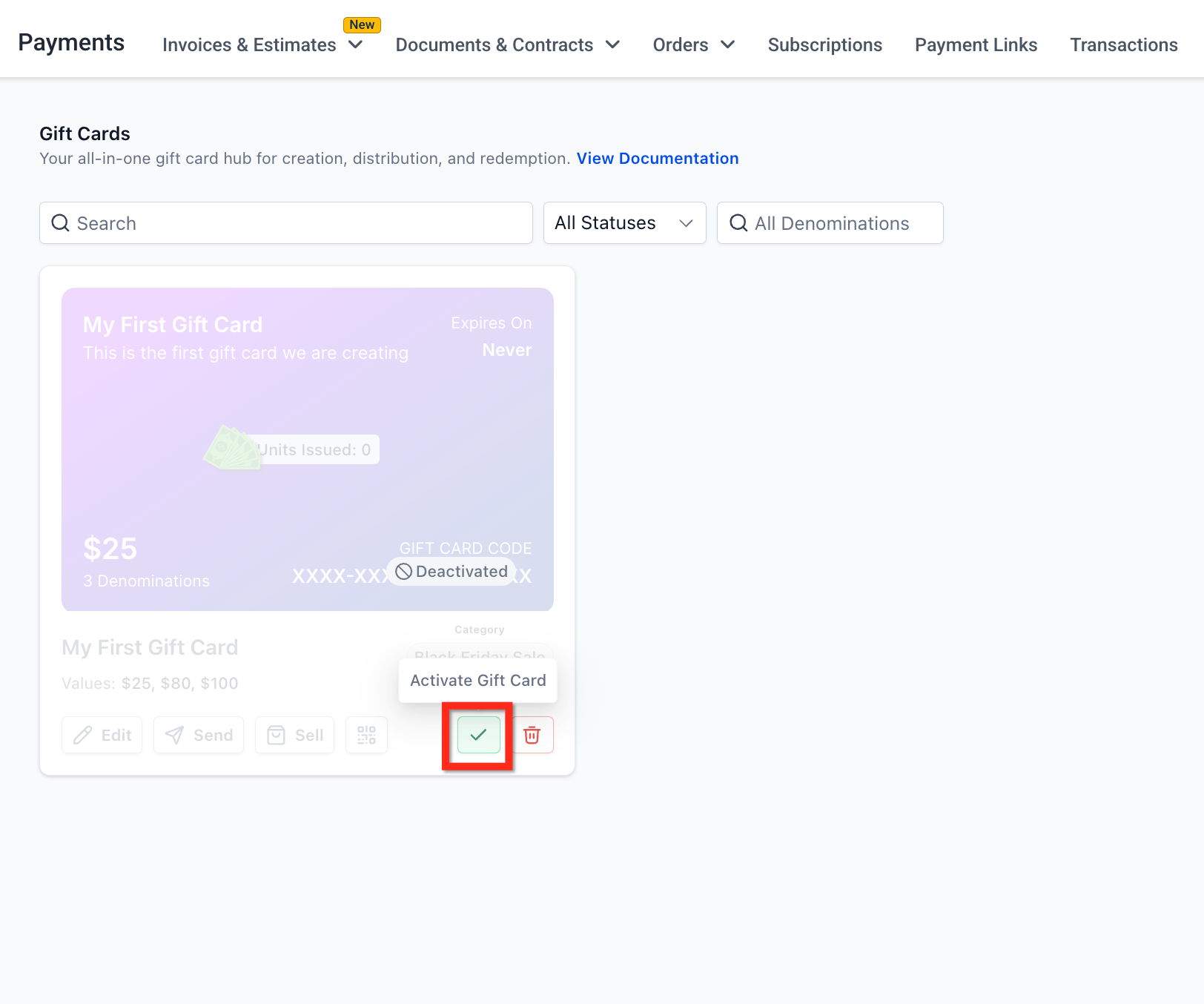 Opzione 'Attiva' per un prodotto gift card disattivato.
