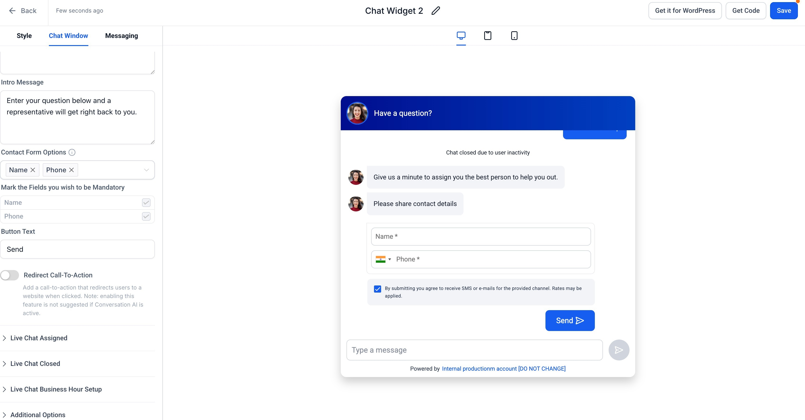 Opzioni di personalizzazione del widget di chat.