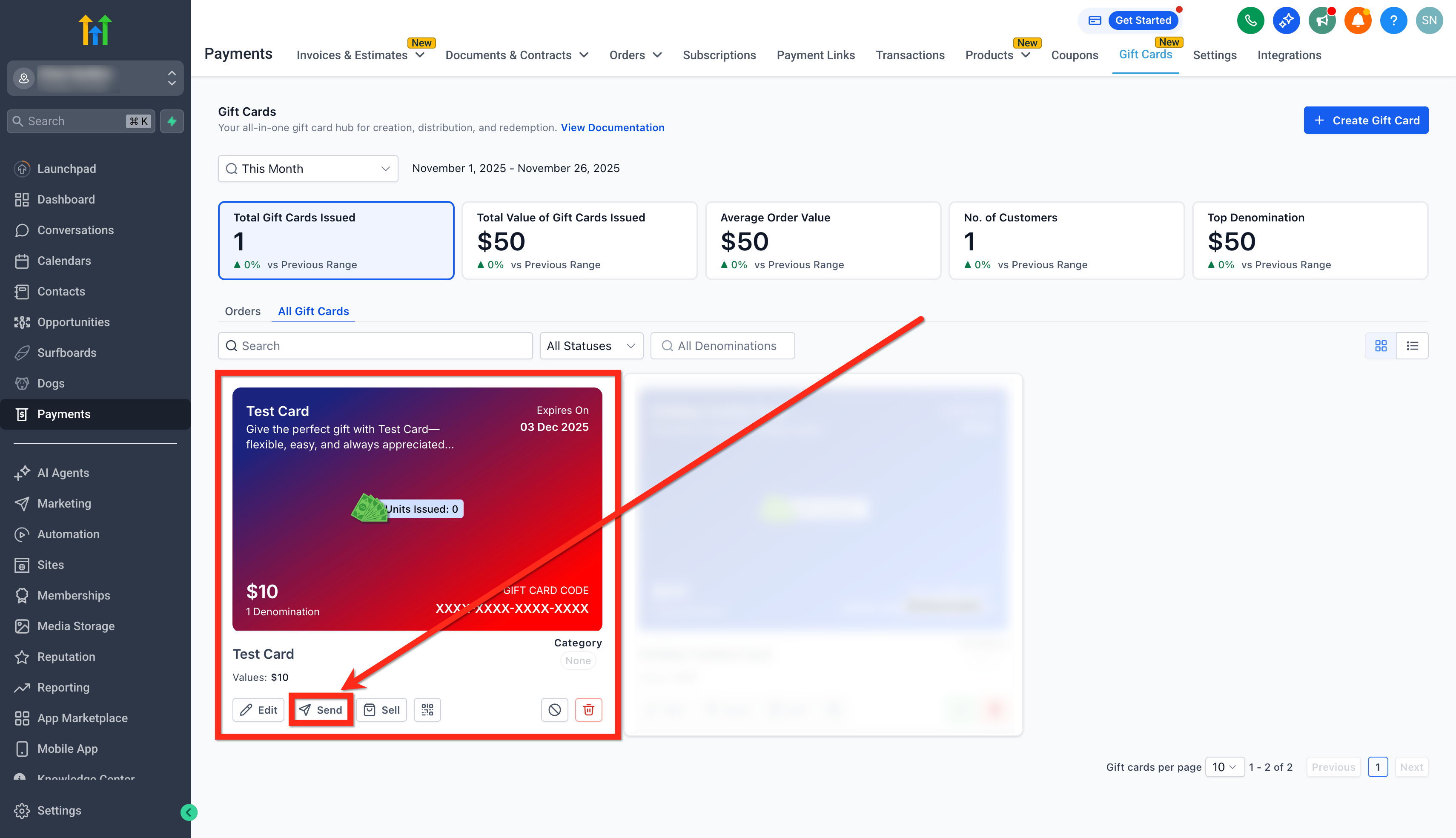 Pulsante 'Invia' su una gift card per inviarla senza pagamento.