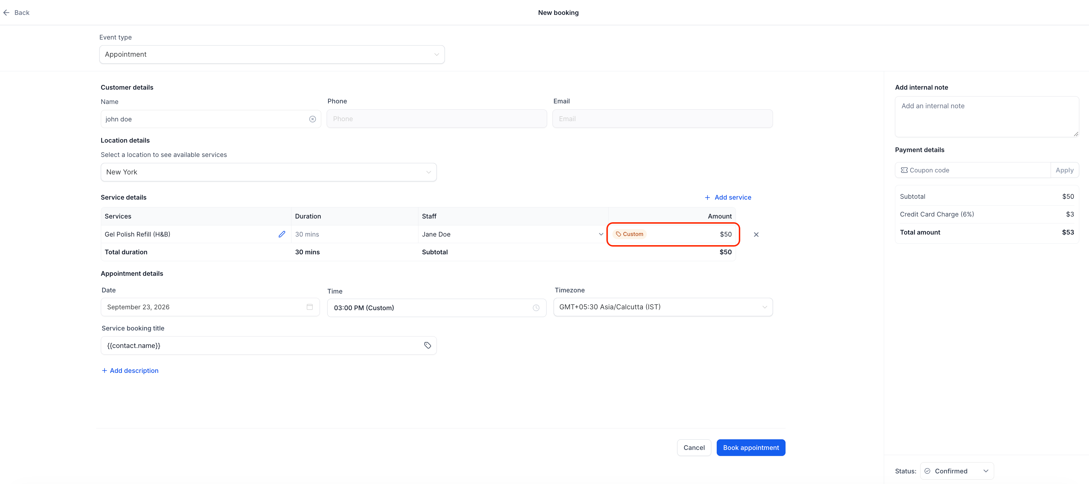 Inserimento di un prezzo personalizzato per un servizio in un appuntamento.