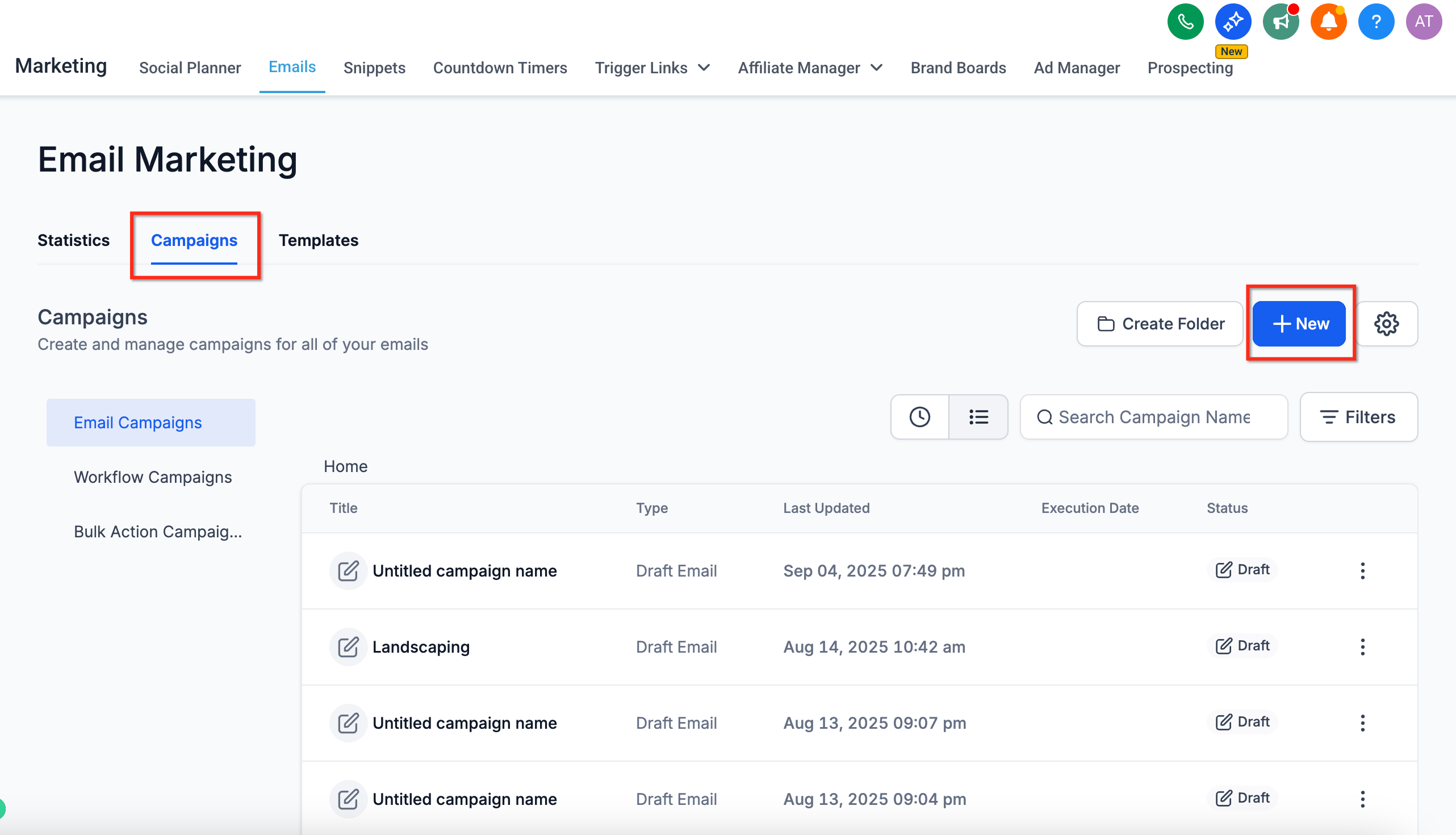 Pulsante 'Crea nuova campagna' nella sezione email di Futuria CRM.